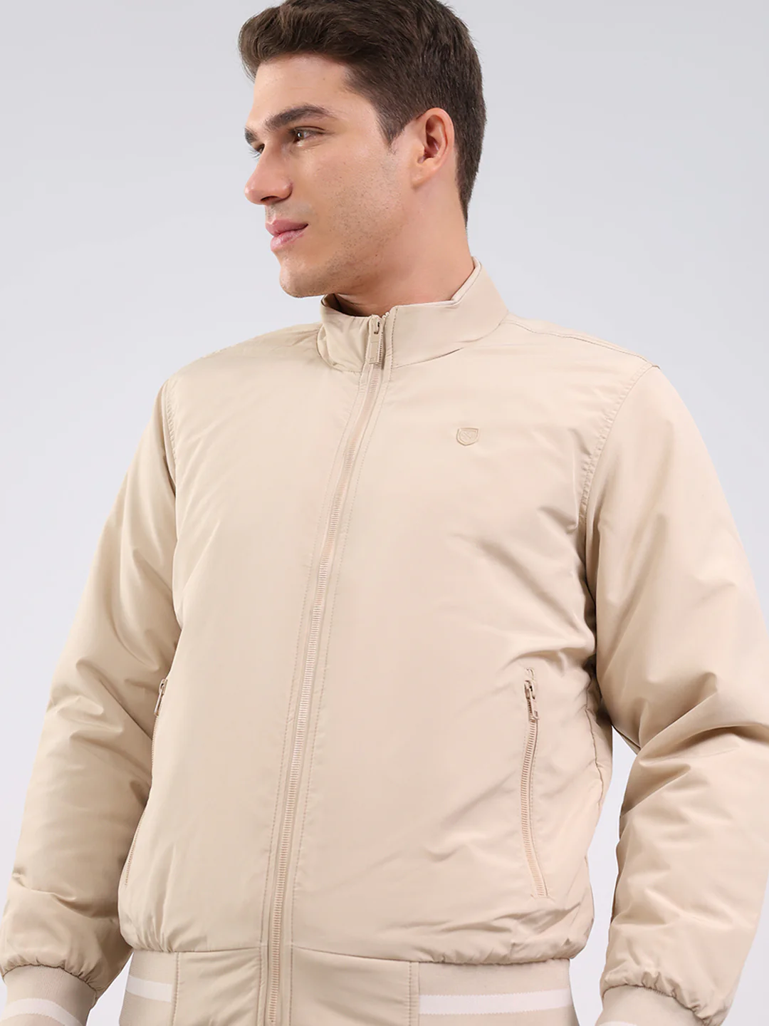 Men Beige Solid Mock Neck Full Sleeve Jacket - Image 6