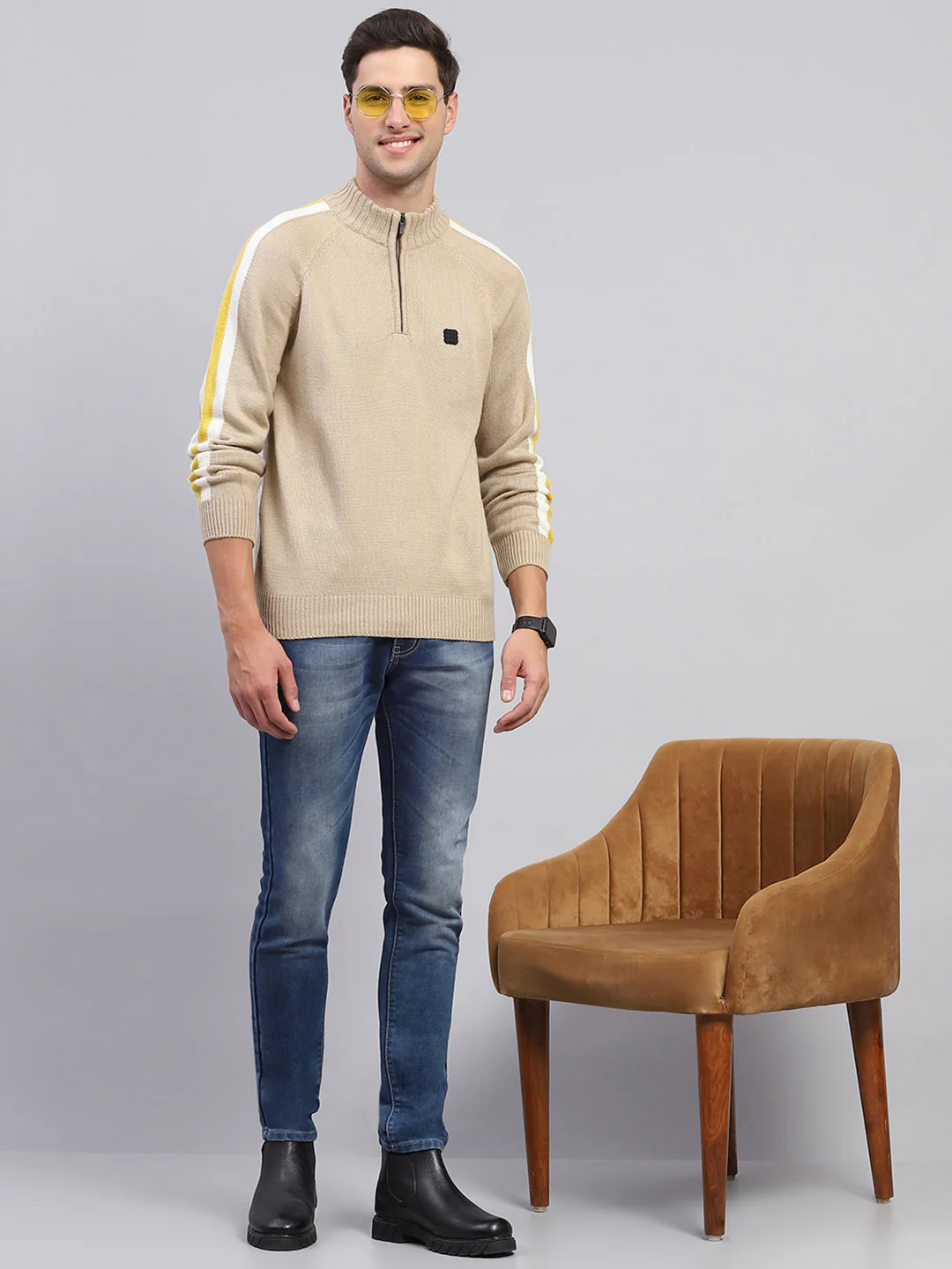 Rock.it Men Beige Solid Mock Neck Full Sleeve Pullover - Image 2