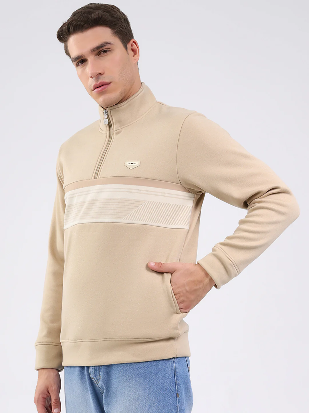 Men Beige Solid Mock Neck Full Sleeve Sweatshirt - Image 3