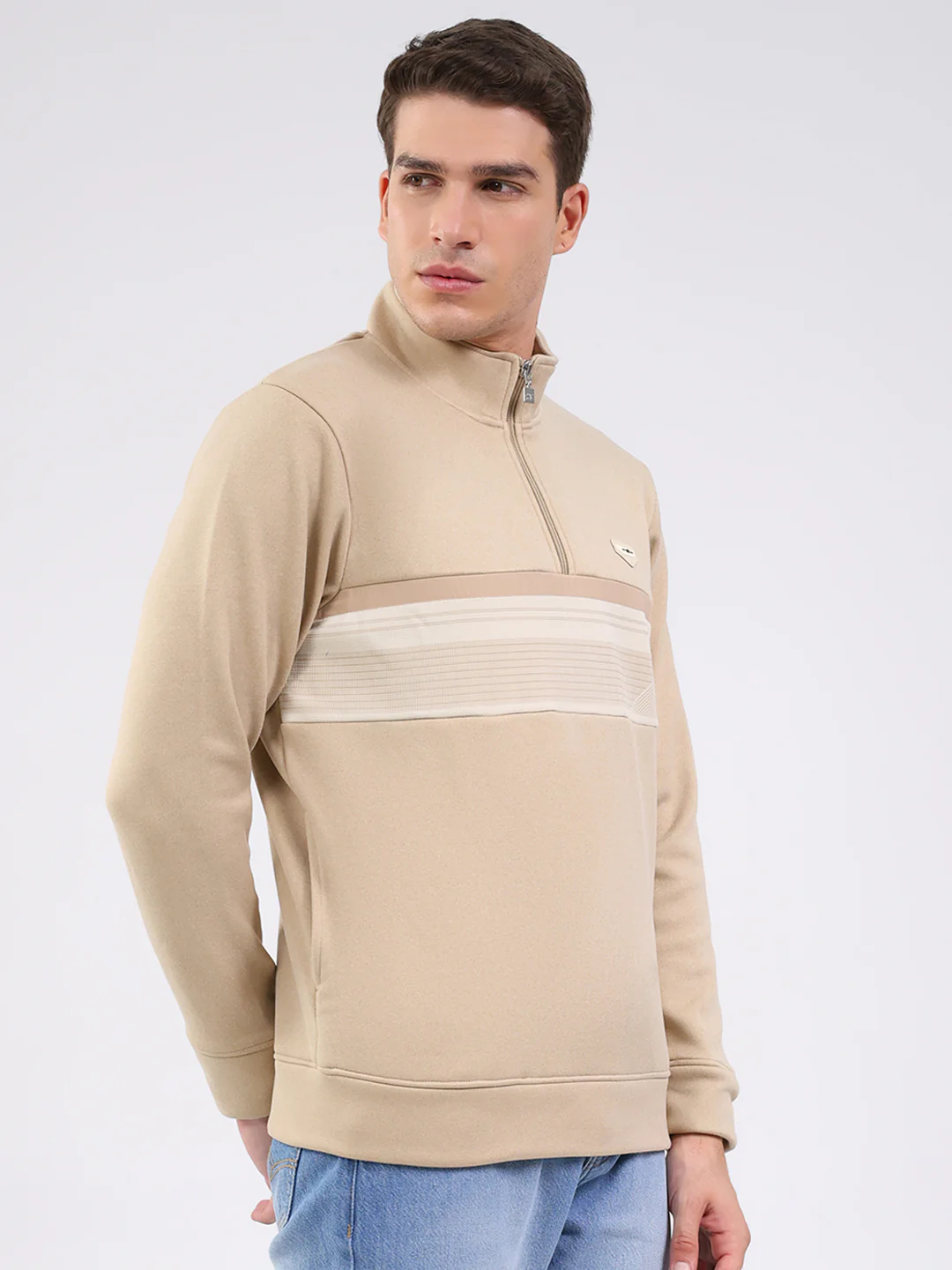 Men Beige Solid Mock Neck Full Sleeve Sweatshirt - Image 4