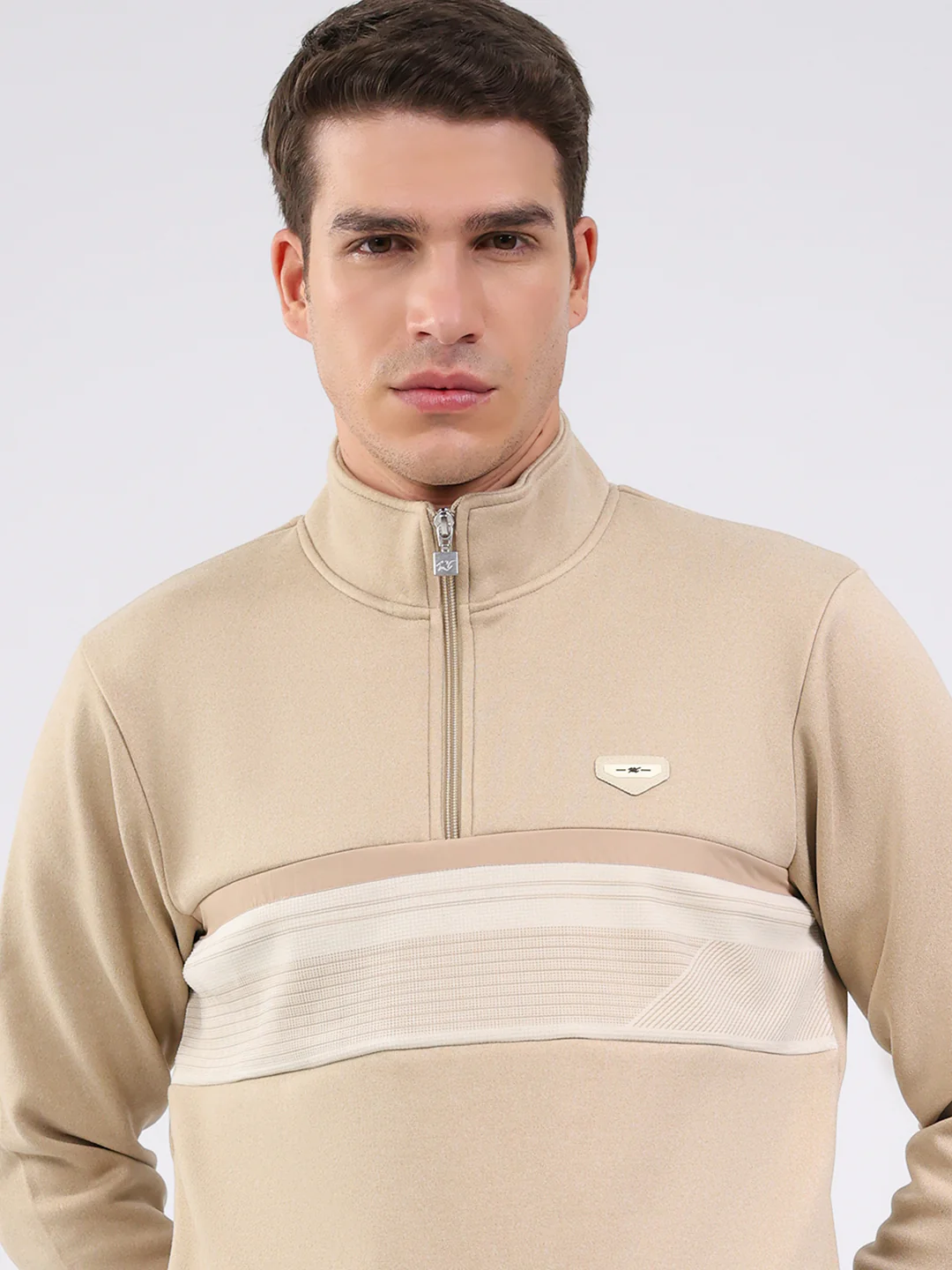 Men Beige Solid Mock Neck Full Sleeve Sweatshirt - Image 6