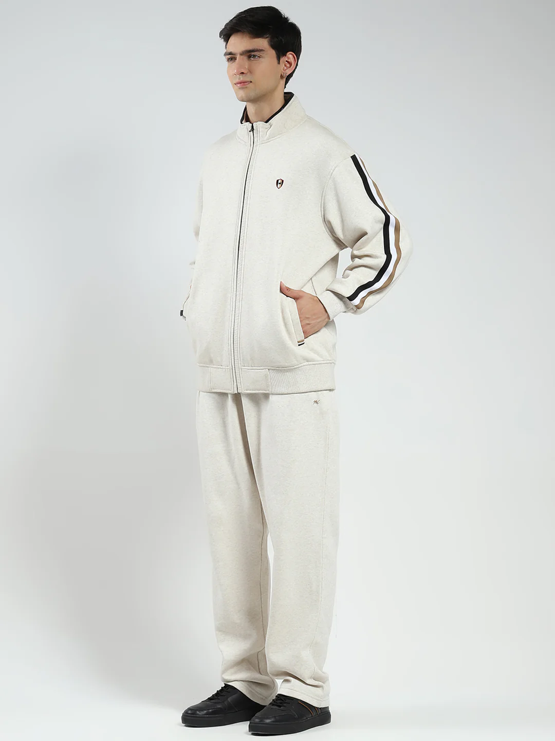 Men Beige Solid Mock Neck Full Sleeve Winter Tracksuit - Image 3