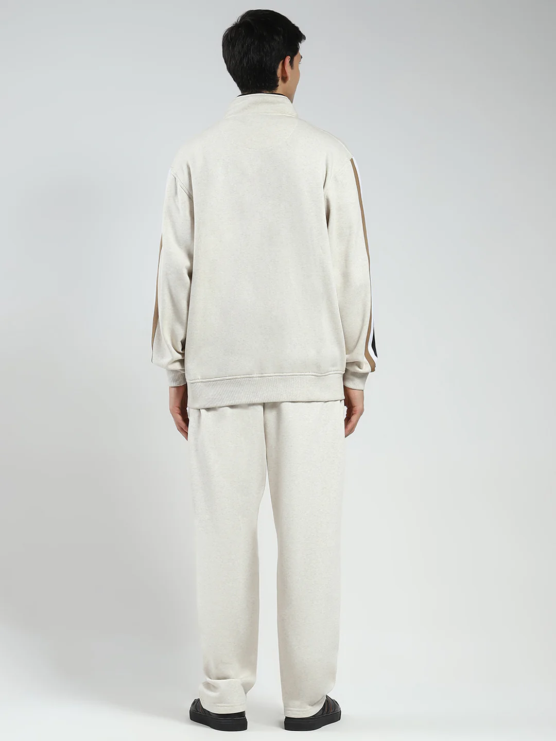 Men Beige Solid Mock Neck Full Sleeve Winter Tracksuit - Image 5