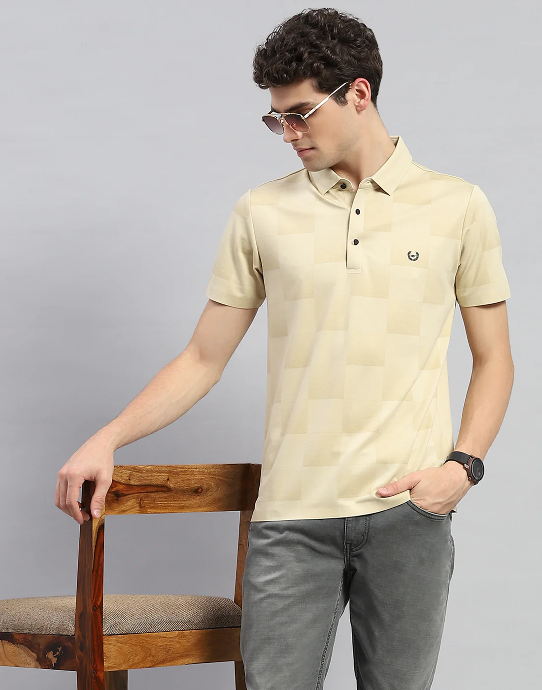 Men Beige Solid Polo Collar Half Sleeve T-Shirt - Image 6