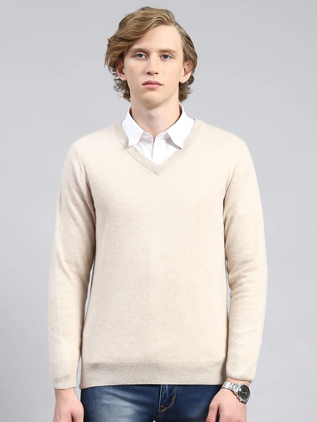 Men Beige Solid Pullover - Image 2