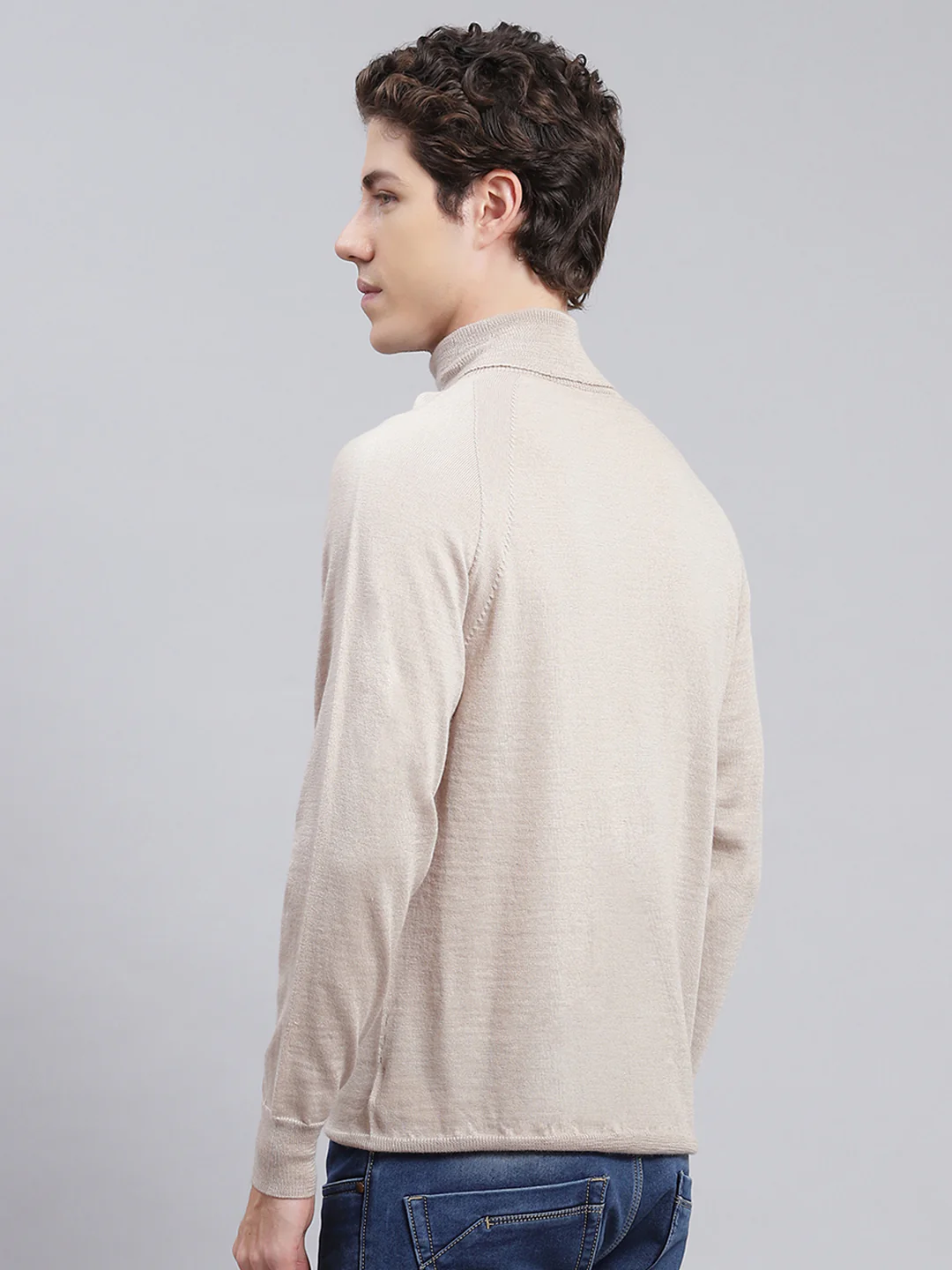 Men Beige Solid Pure wool Pullover - Image 5