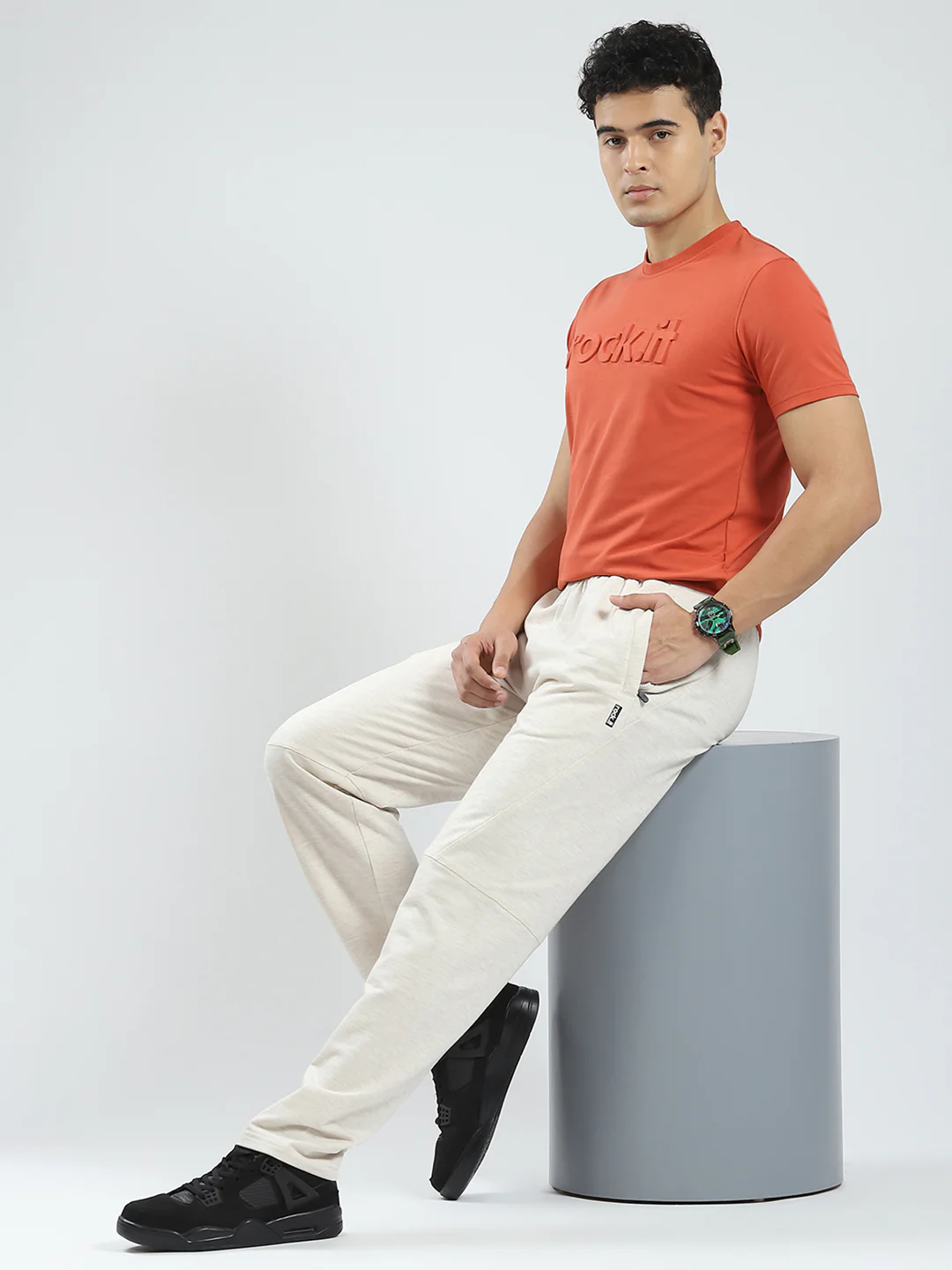 Rock.it Men Beige Solid Regular Fit Lower - Image 2