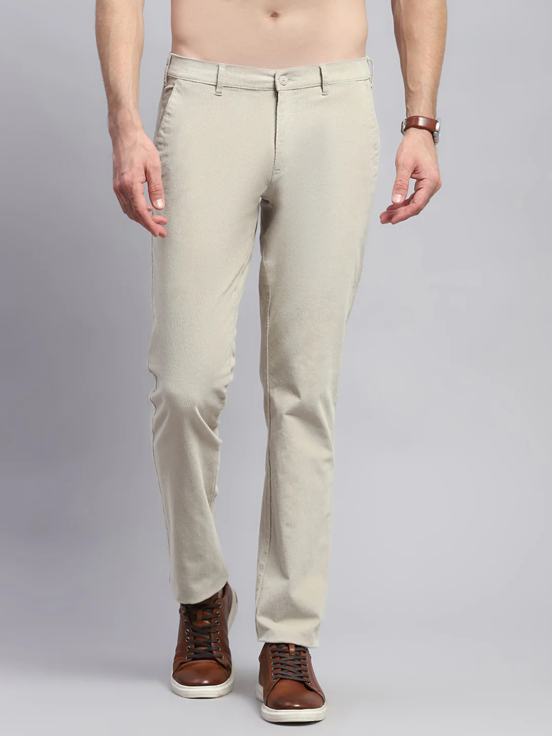Men Beige Solid Regular Fit Trouser - Image 2