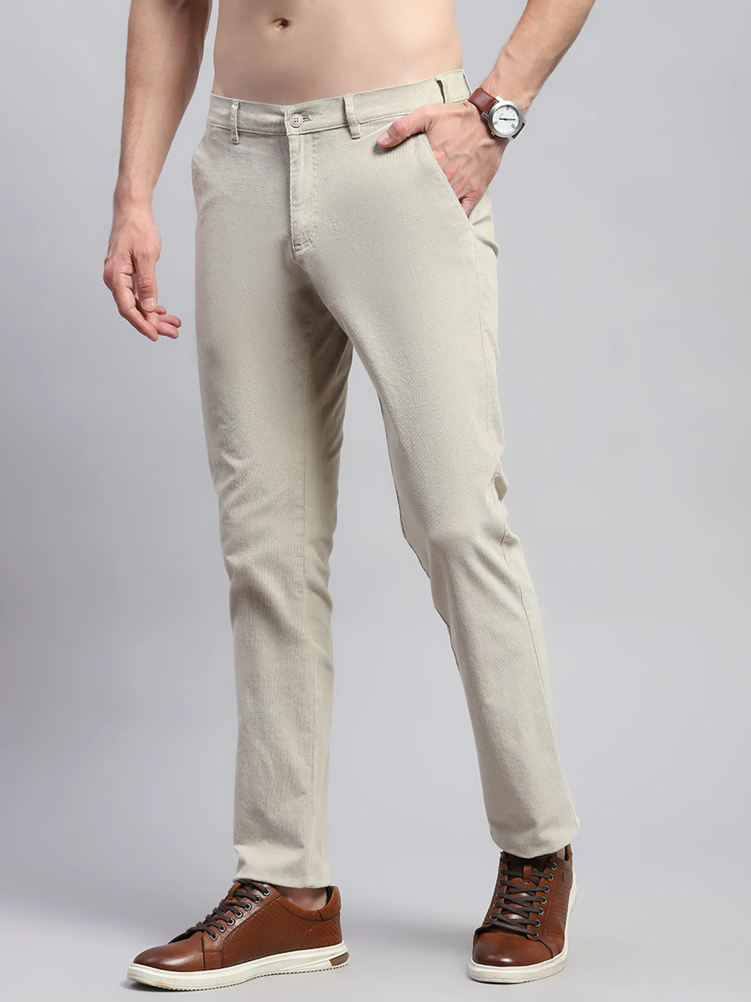 Men Beige Solid Regular Fit Trouser - Image 3