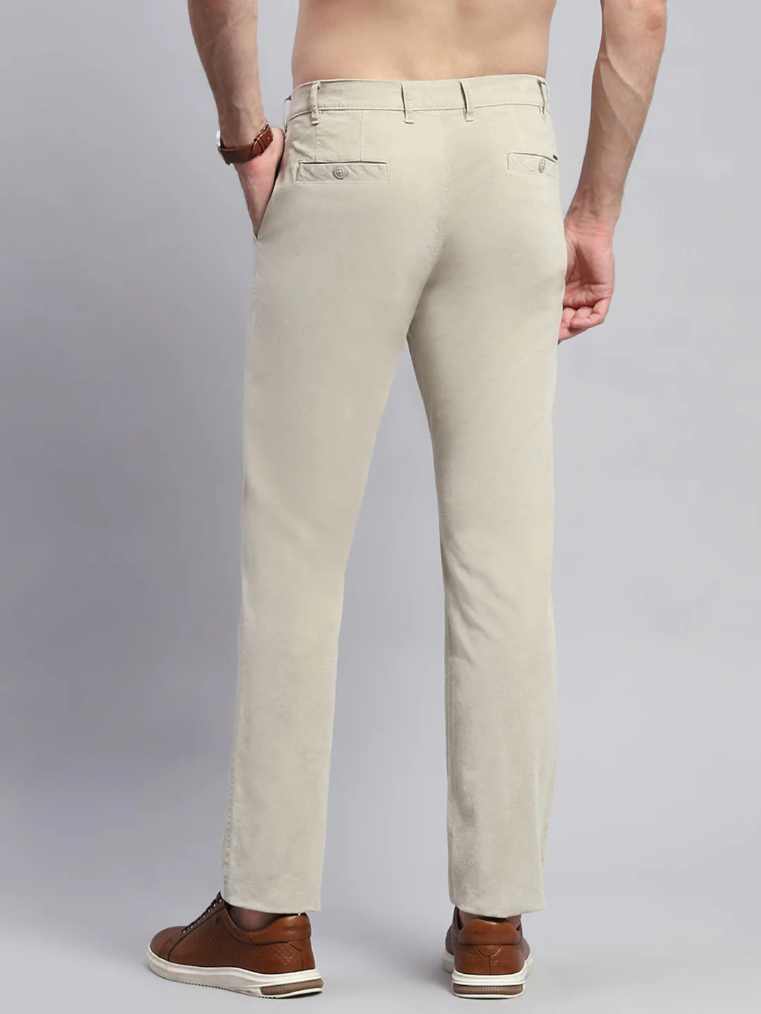 Men Beige Solid Regular Fit Trouser - Image 5
