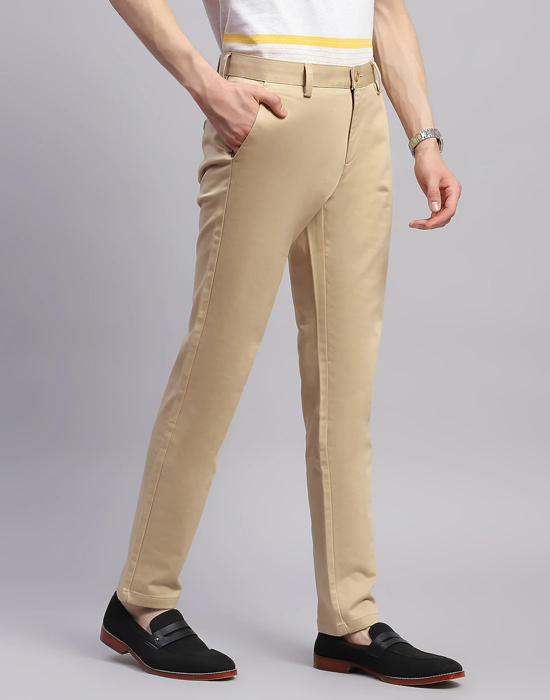 Men Beige Solid Regular Fit Trouser - Image 4