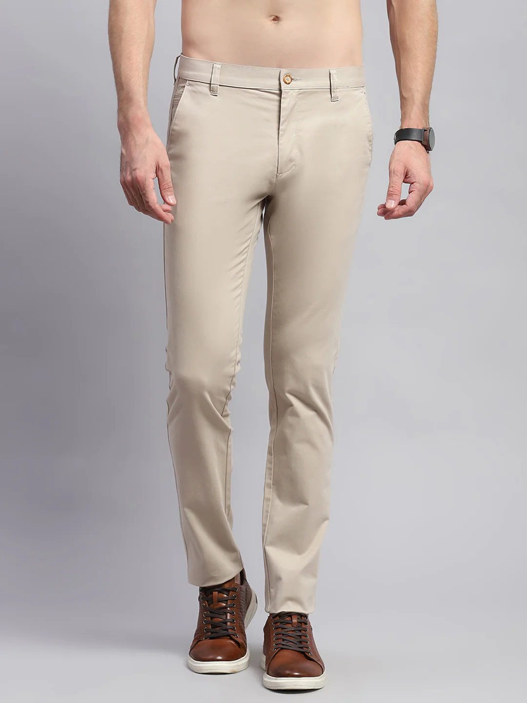 Men Beige Solid Regular Fit Trouser - Image 2