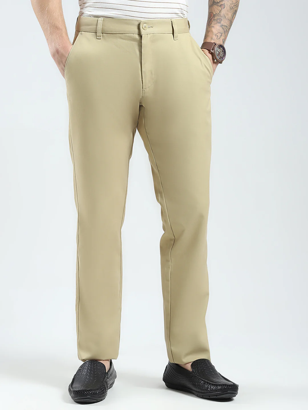 Men Beige Solid Regular Fit Trouser