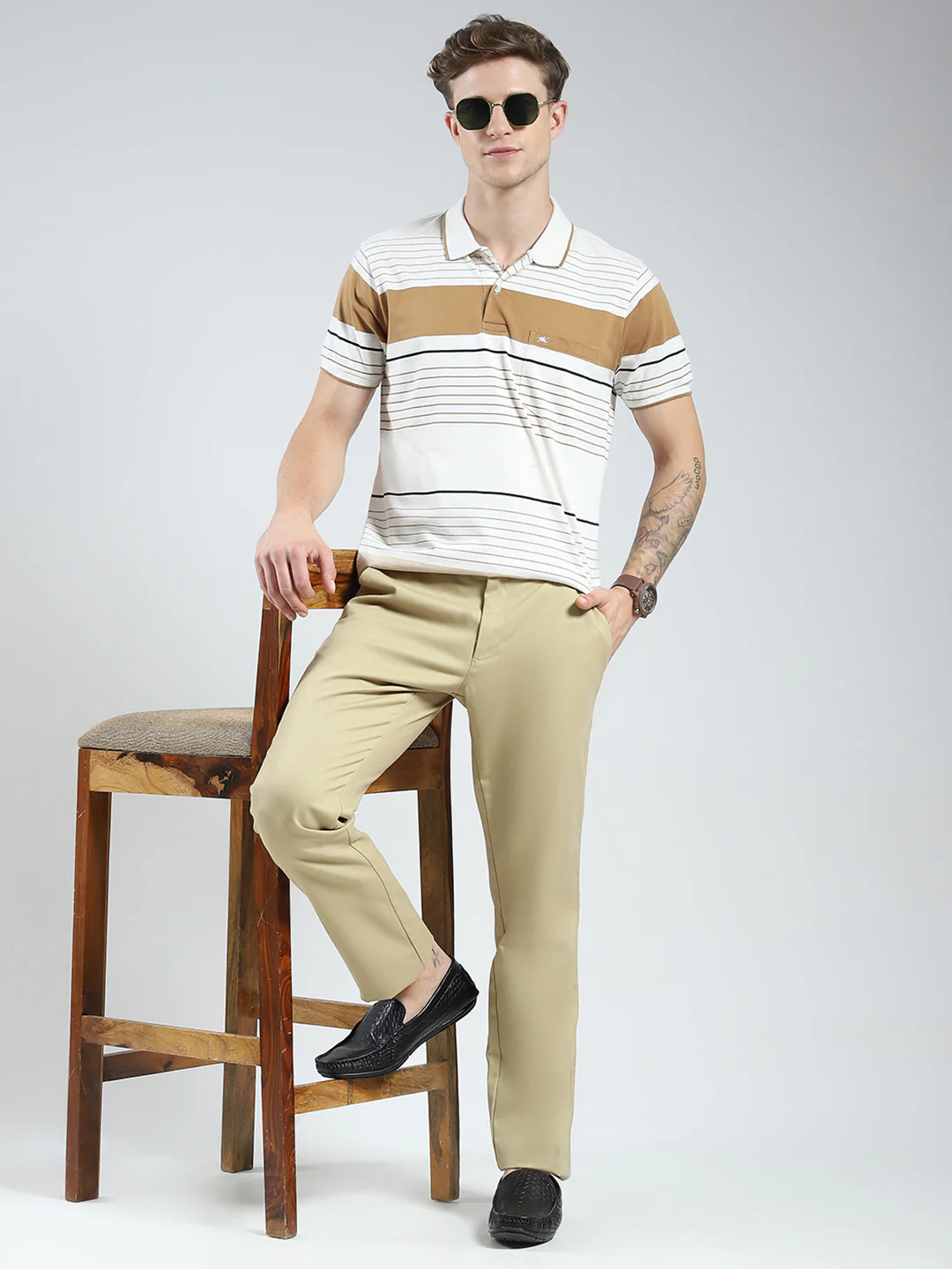 Men Beige Solid Regular Fit Trouser - Image 2