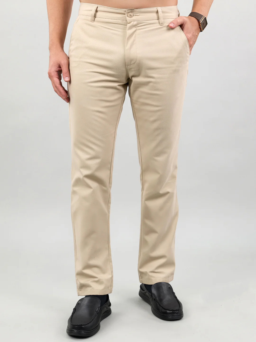 Men Beige Solid Regular Fit Trouser