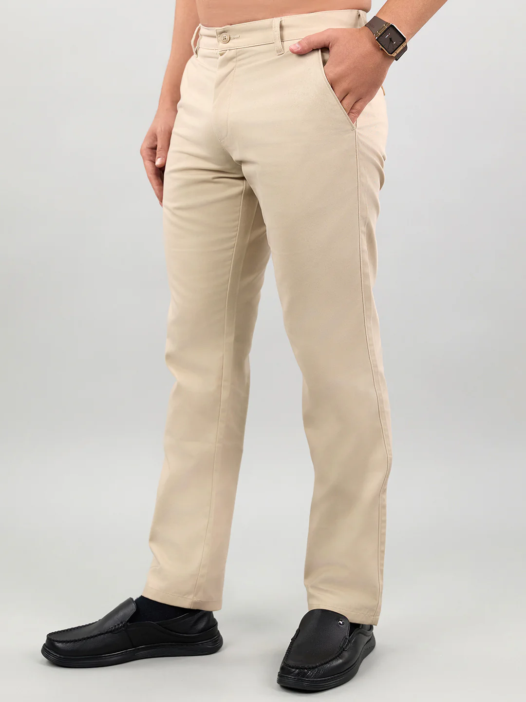Men Beige Solid Regular Fit Trouser - Image 2