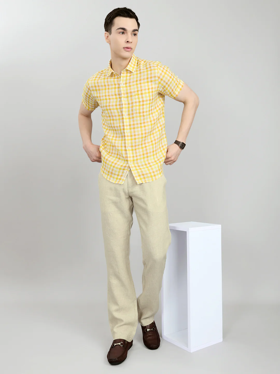 Men Beige Solid Regular Fit Trouser - Image 6