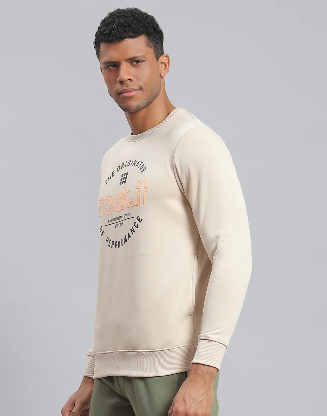 Rock.it Men Beige Solid Round Neck Full Sleeve Sweatshirt - Image 3