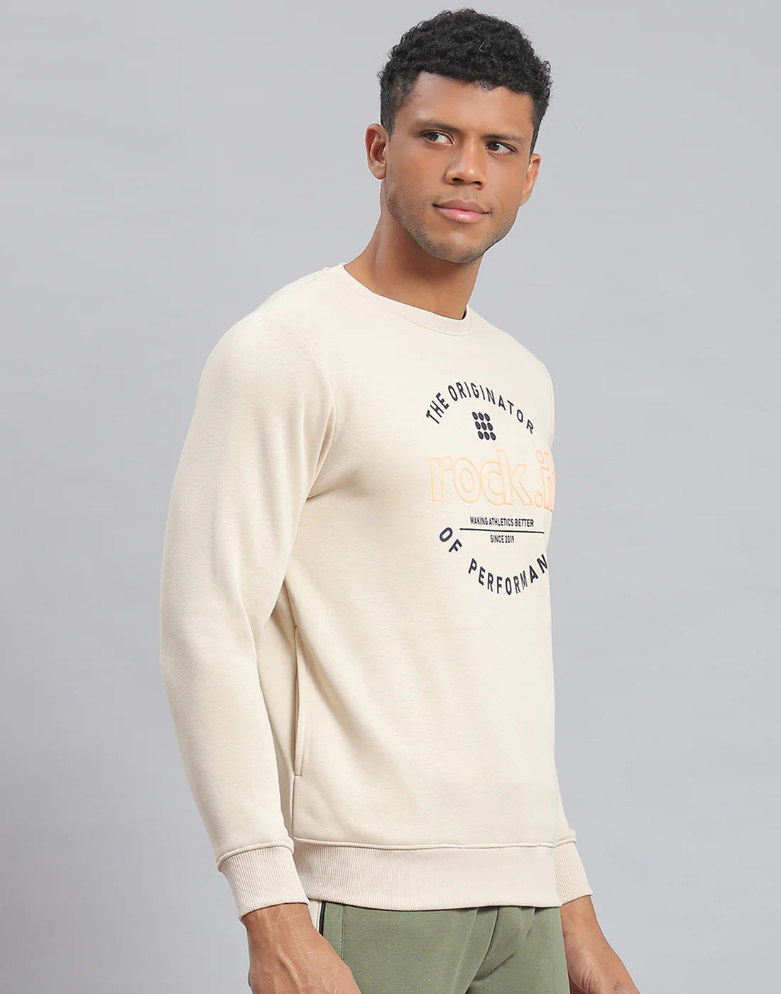Rock.it Men Beige Solid Round Neck Full Sleeve Sweatshirt - Image 4
