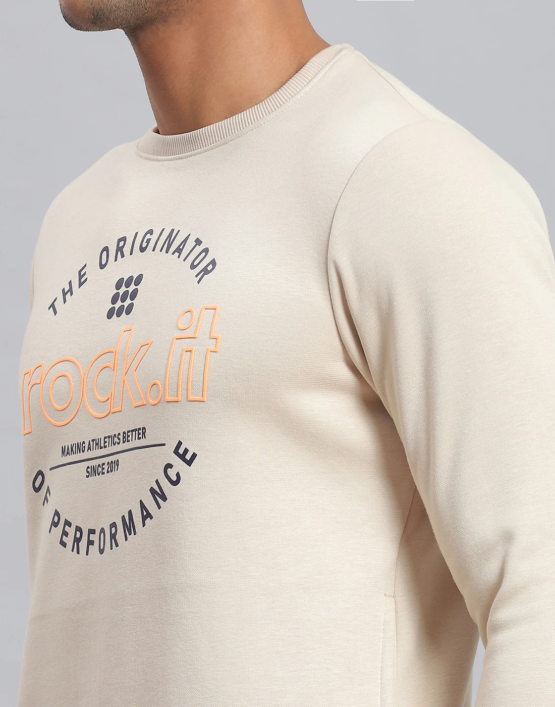 Rock.it Men Beige Solid Round Neck Full Sleeve Sweatshirt - Image 6