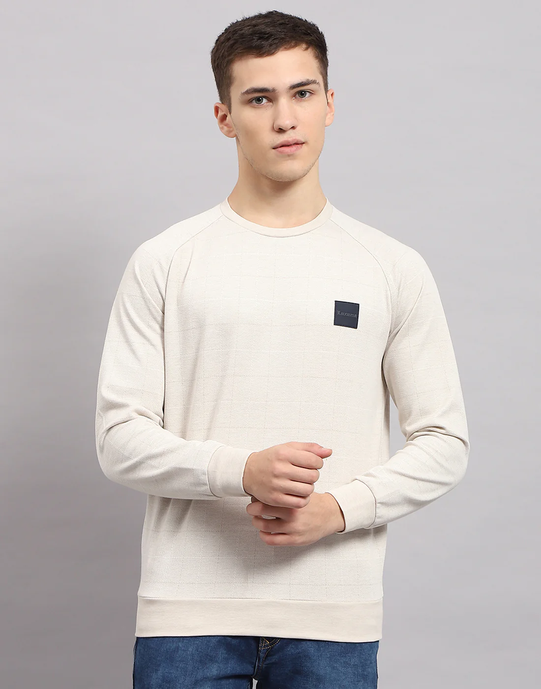 Men Beige Solid Round Neck Full Sleeve Sweatshirt - Image 2
