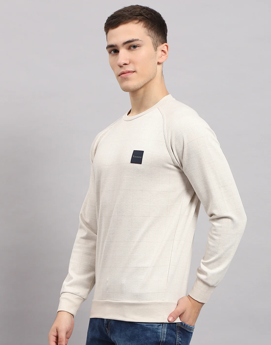 Men Beige Solid Round Neck Full Sleeve Sweatshirt - Image 3
