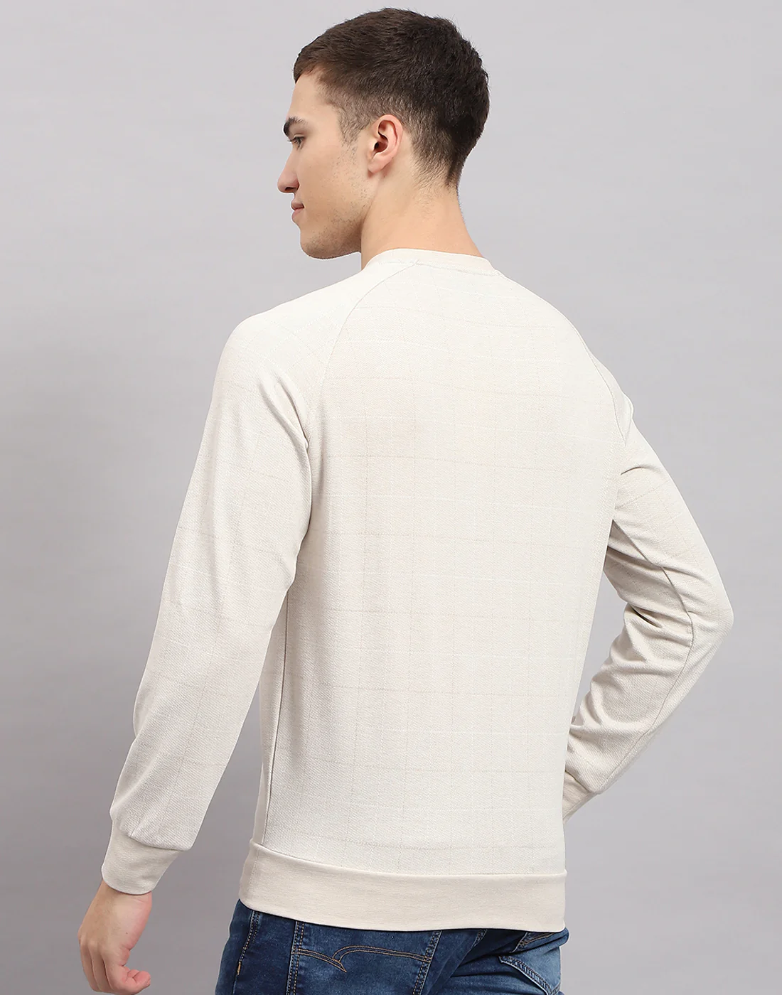 Men Beige Solid Round Neck Full Sleeve Sweatshirt - Image 5