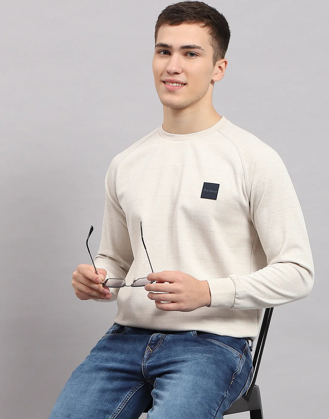 Men Beige Solid Round Neck Full Sleeve Sweatshirt - Image 6