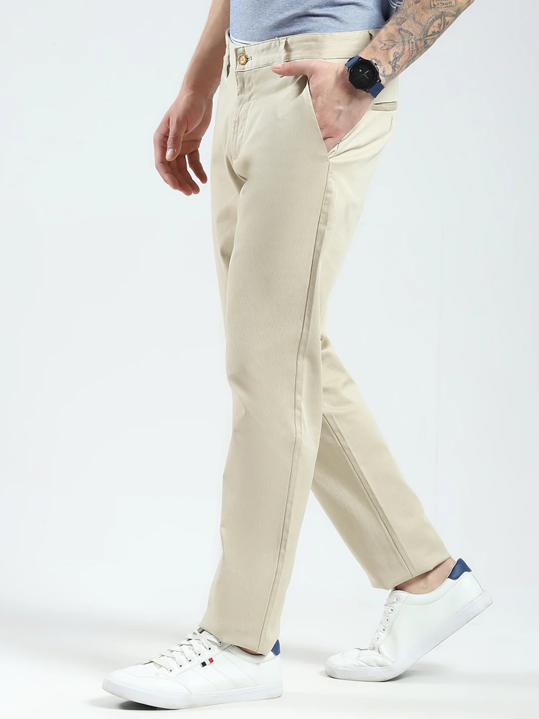 Men Beige Solid Slim Fit Trouser - Image 3