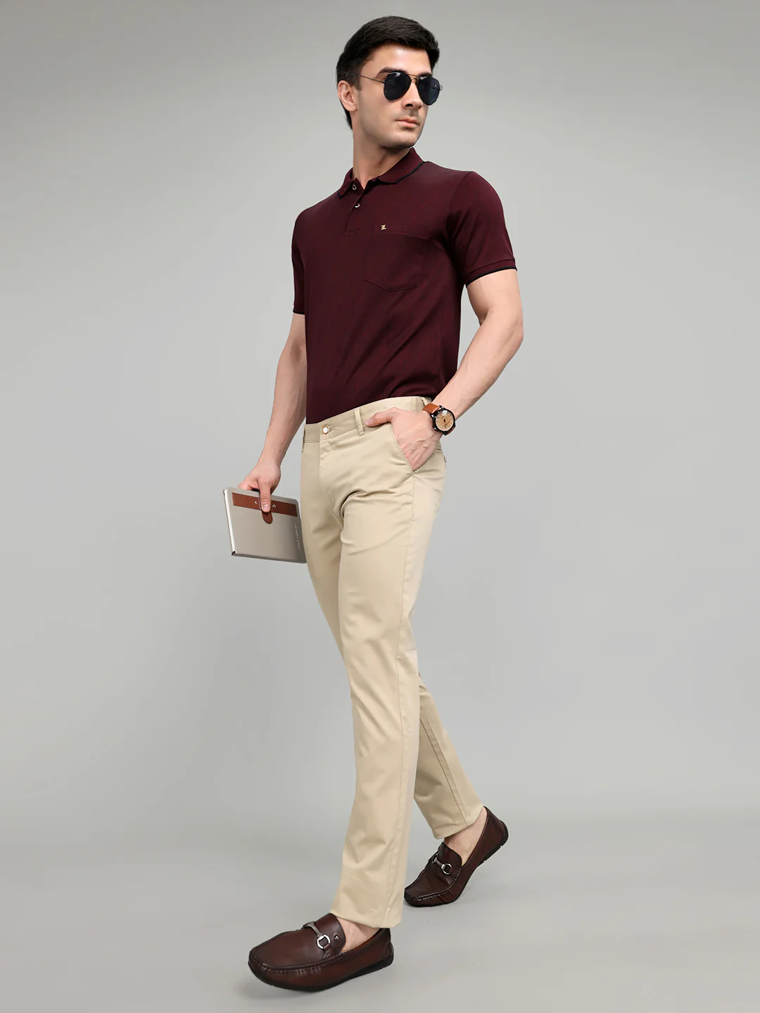 Men Beige Solid Slim Fit Trouser - Image 6