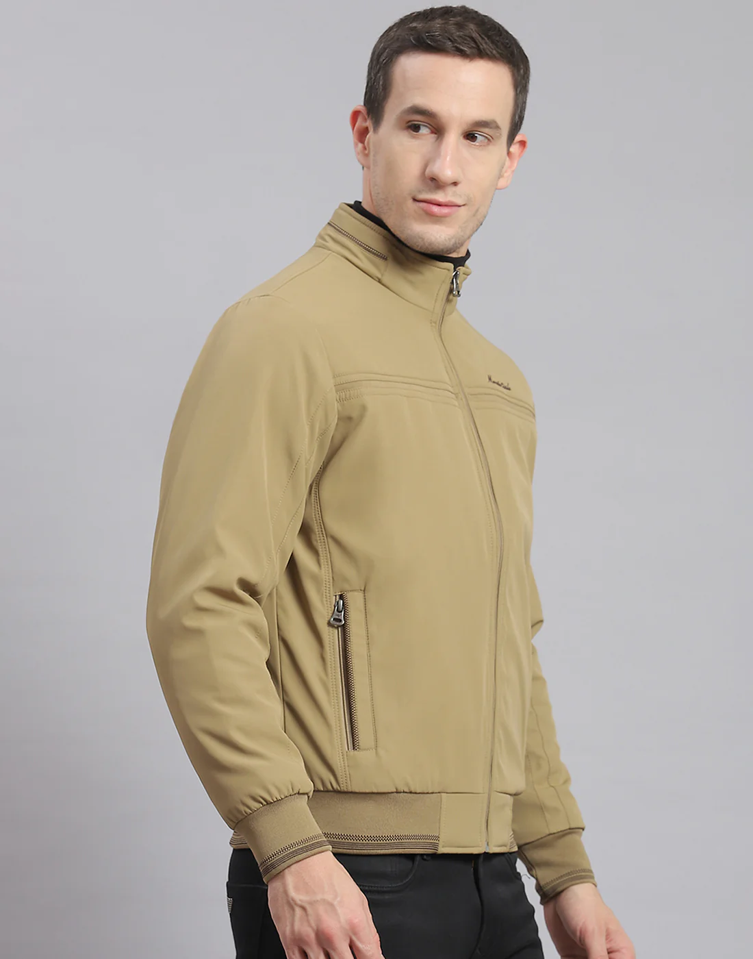Men Beige Solid Stand Collar Full Sleeve Jacket - Image 4