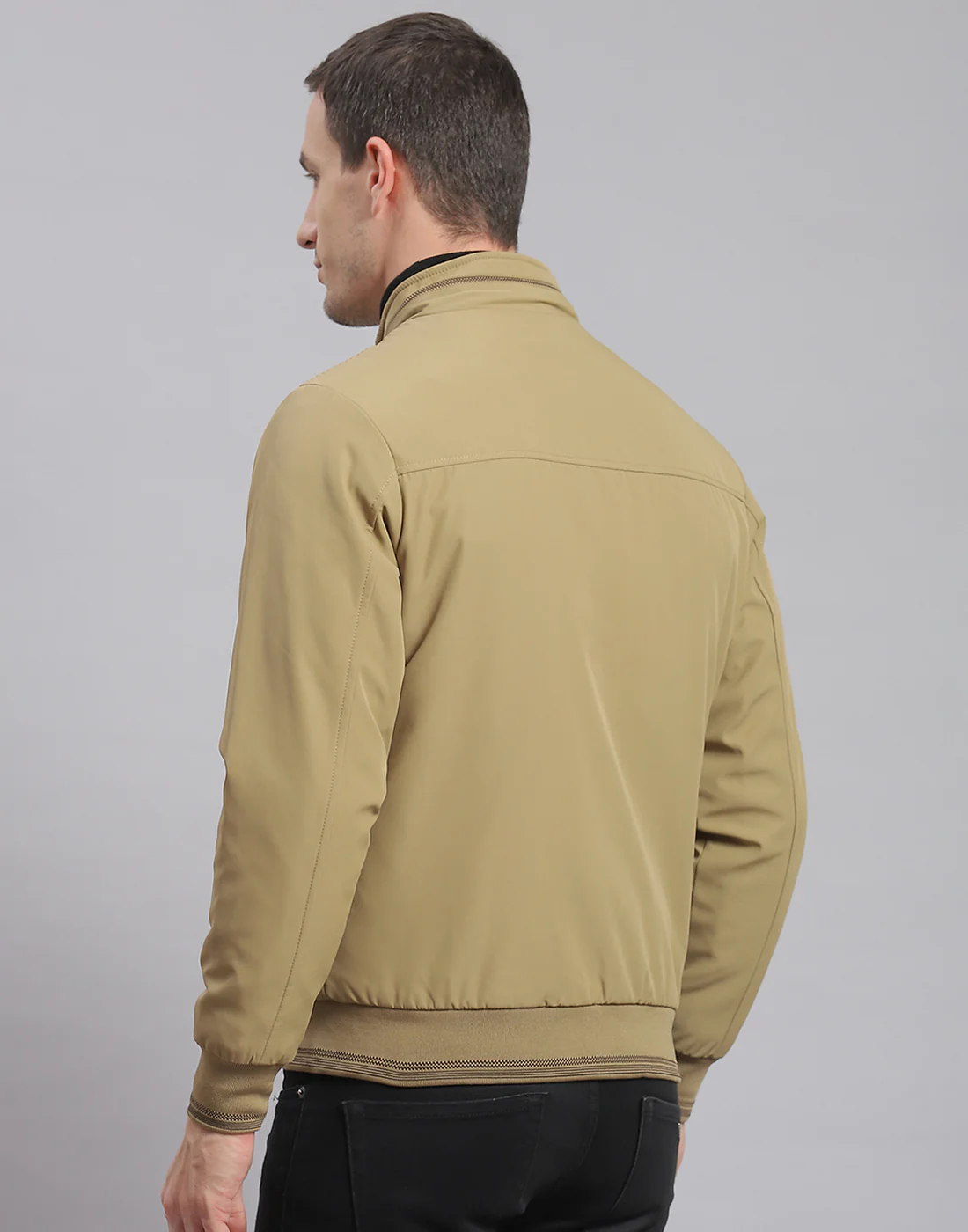 Men Beige Solid Stand Collar Full Sleeve Jacket - Image 6