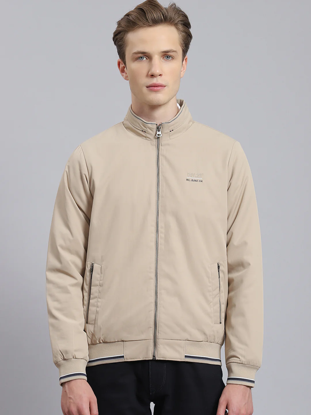 Men Beige Solid Stand Collar Full Sleeve Jacket - Image 3