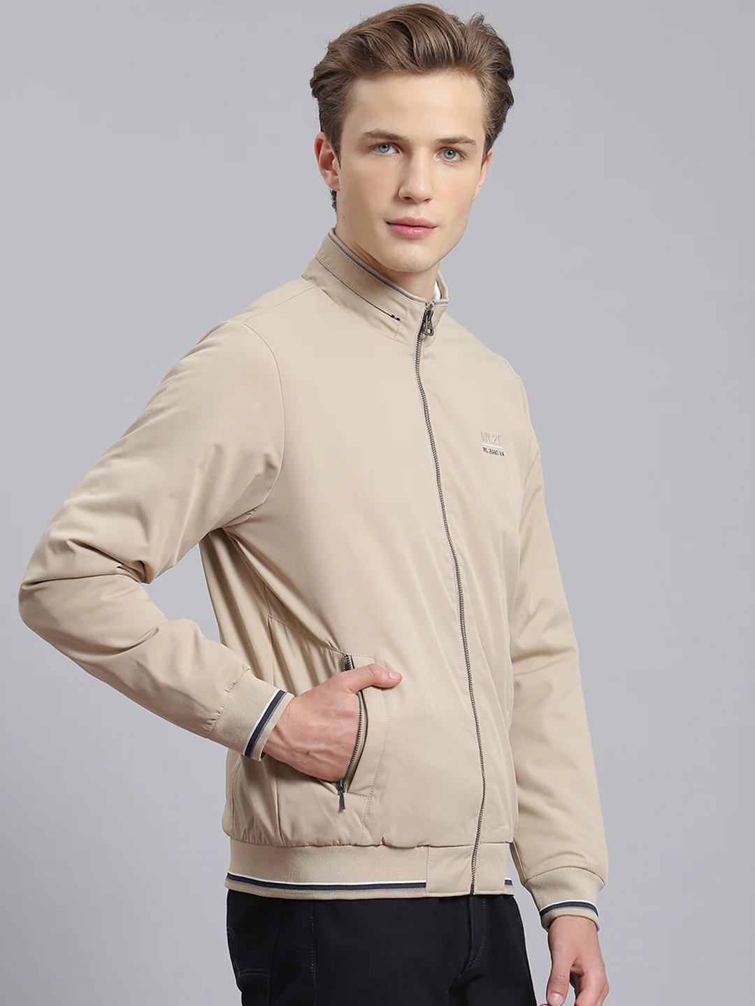 Men Beige Solid Stand Collar Full Sleeve Jacket - Image 5