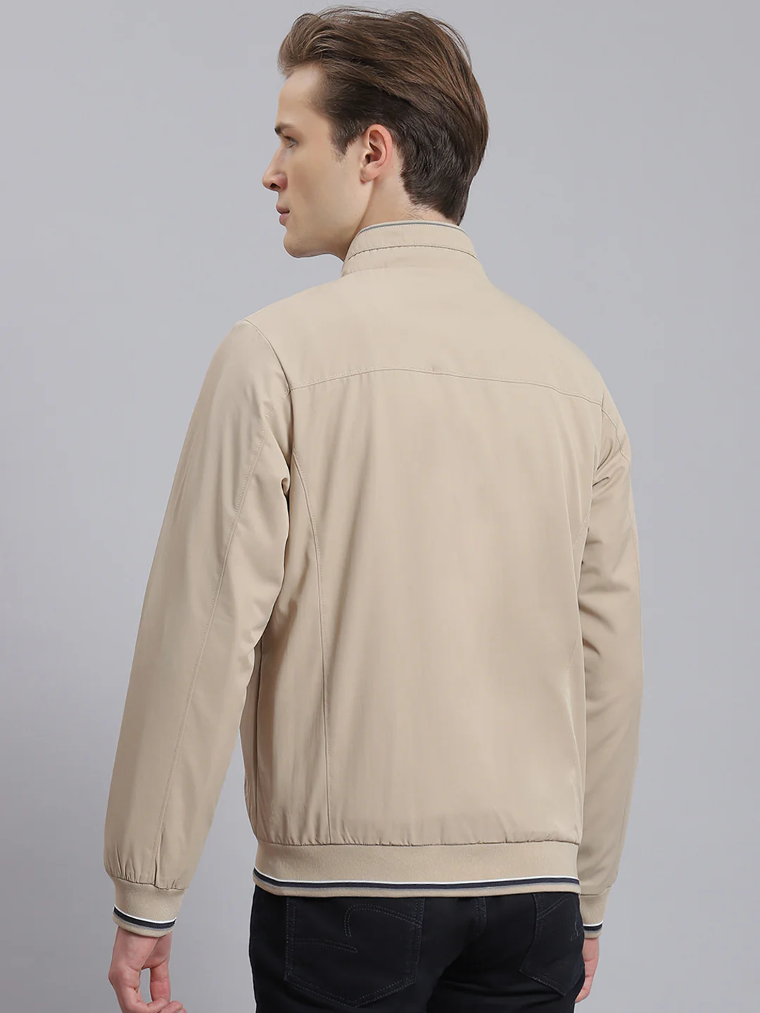 Men Beige Solid Stand Collar Full Sleeve Jacket - Image 6