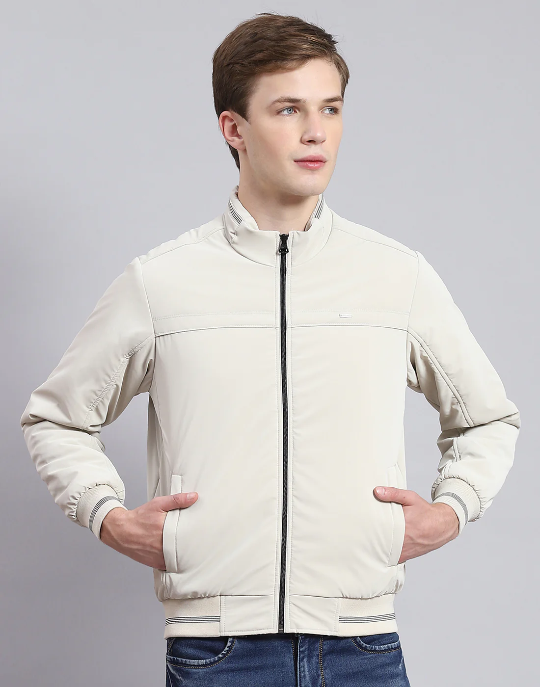 Men Beige Solid Stand Collar Full Sleeve Jacket - Image 2