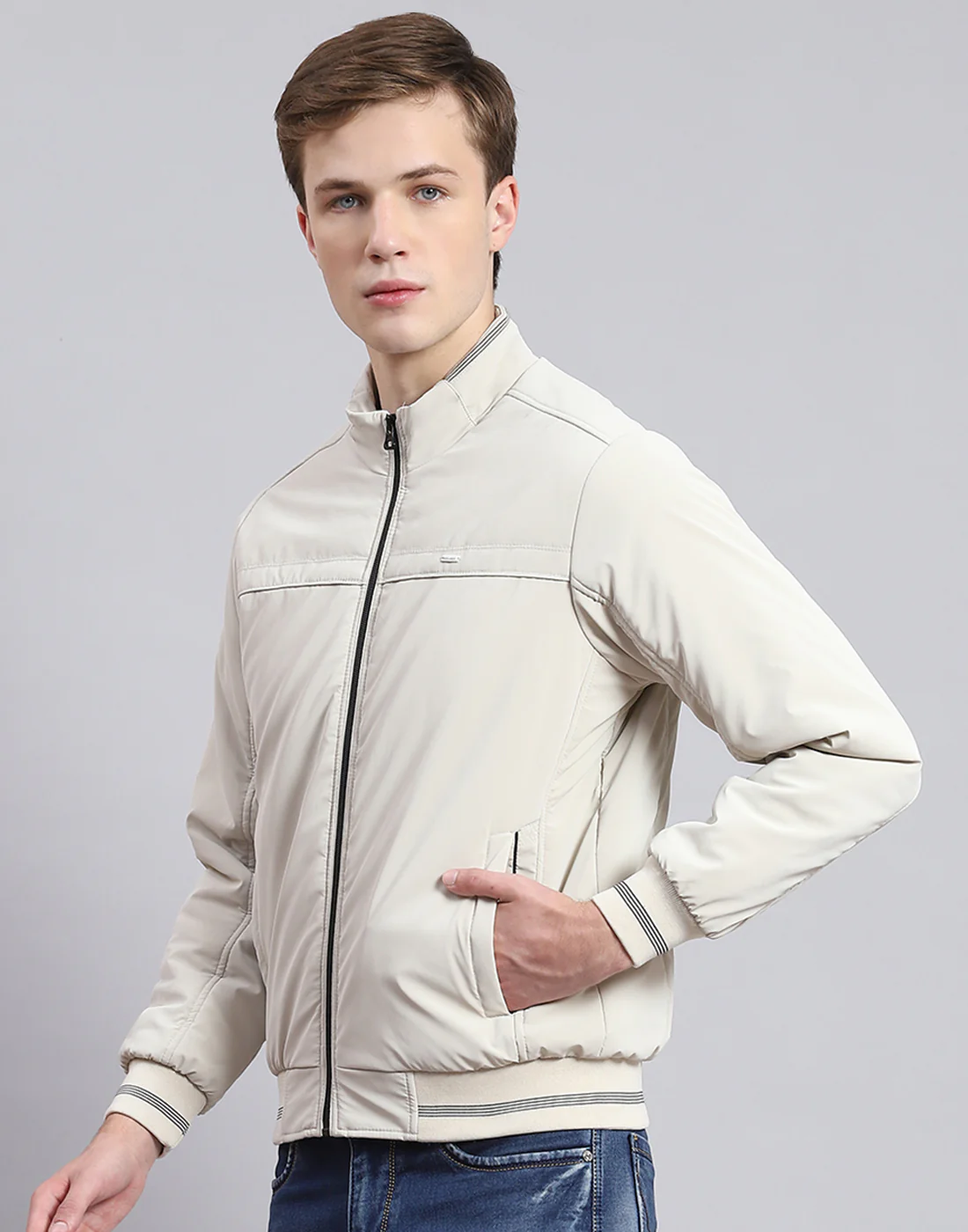 Men Beige Solid Stand Collar Full Sleeve Jacket - Image 3