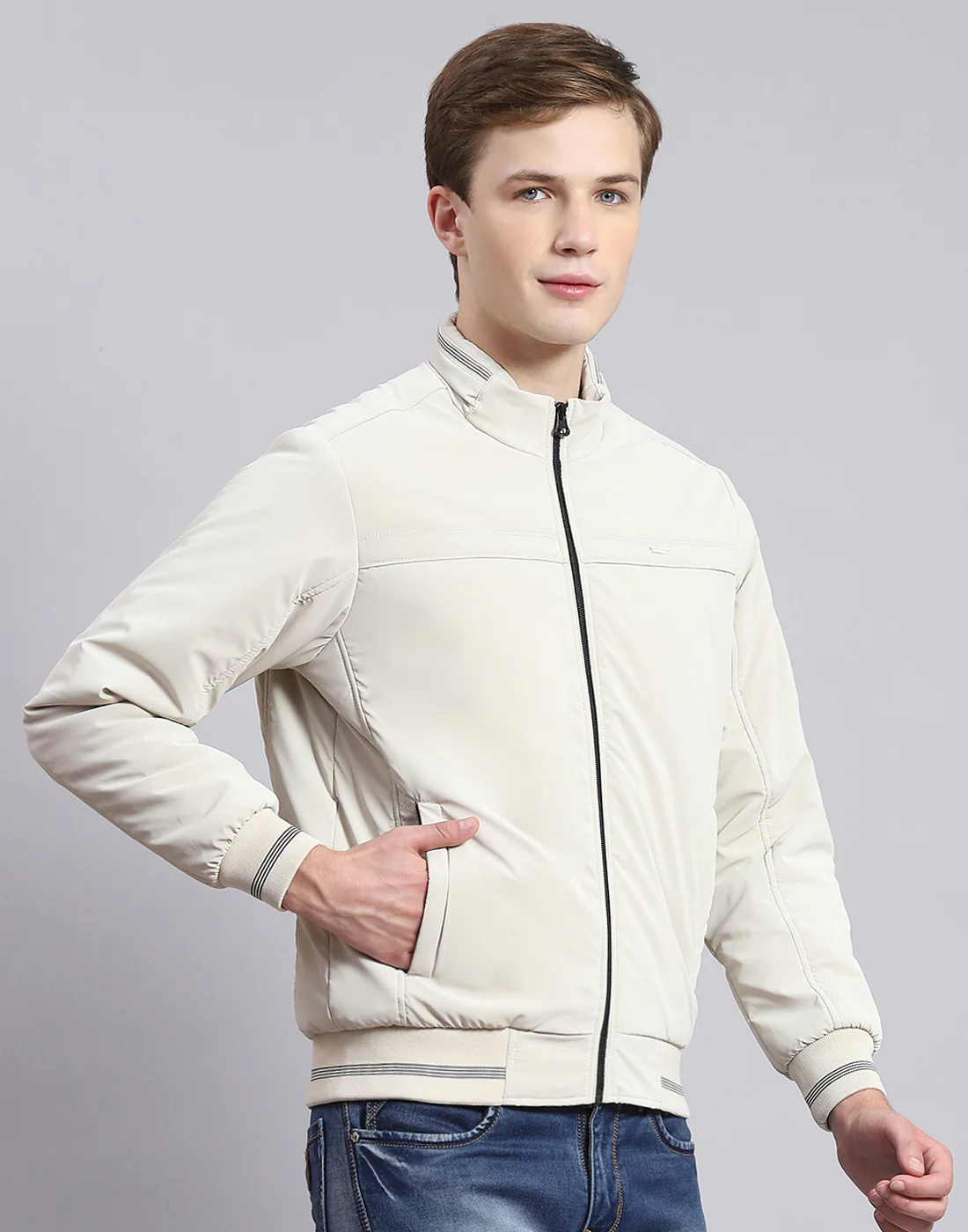 Men Beige Solid Stand Collar Full Sleeve Jacket - Image 4