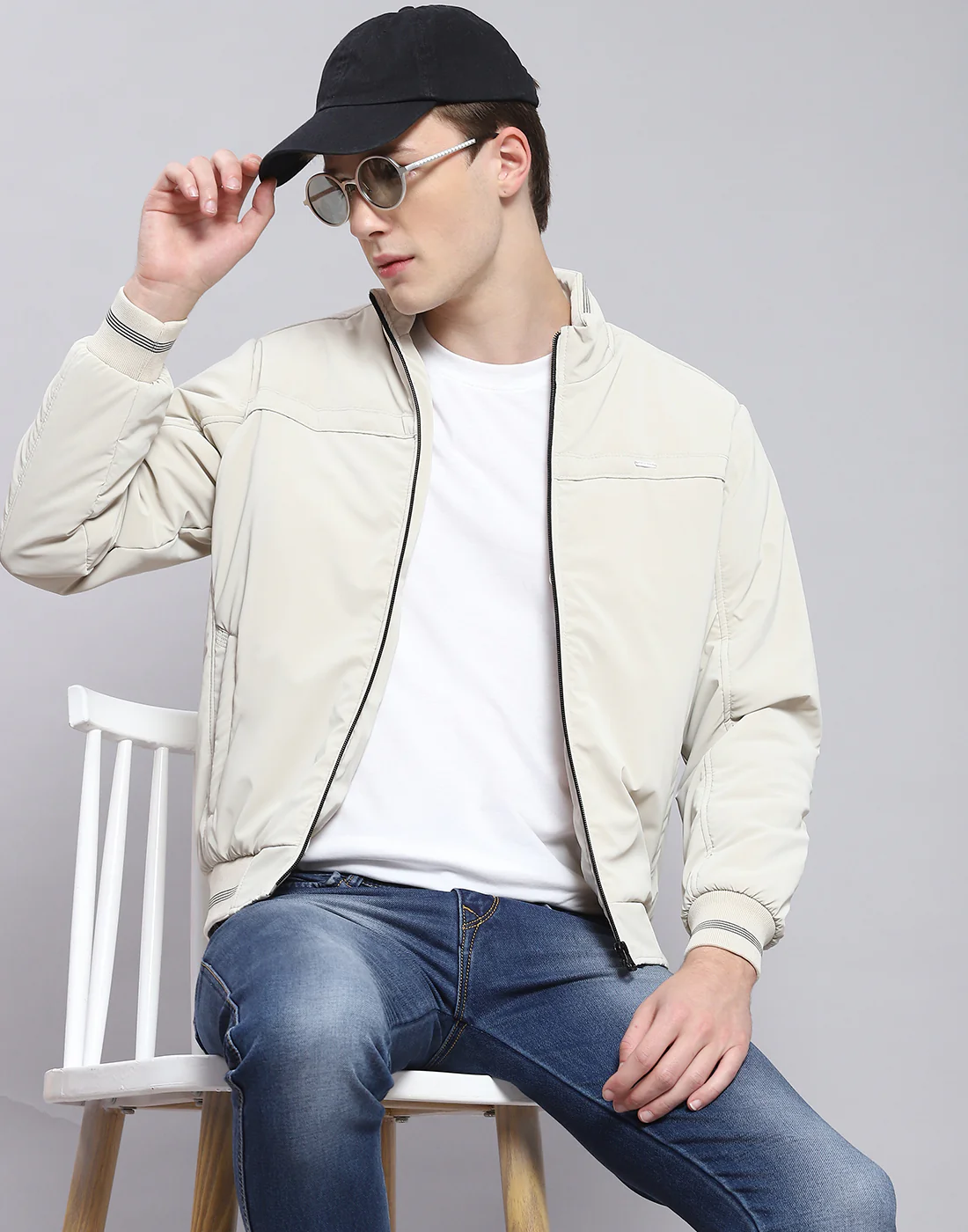 Men Beige Solid Stand Collar Full Sleeve Jacket - Image 6