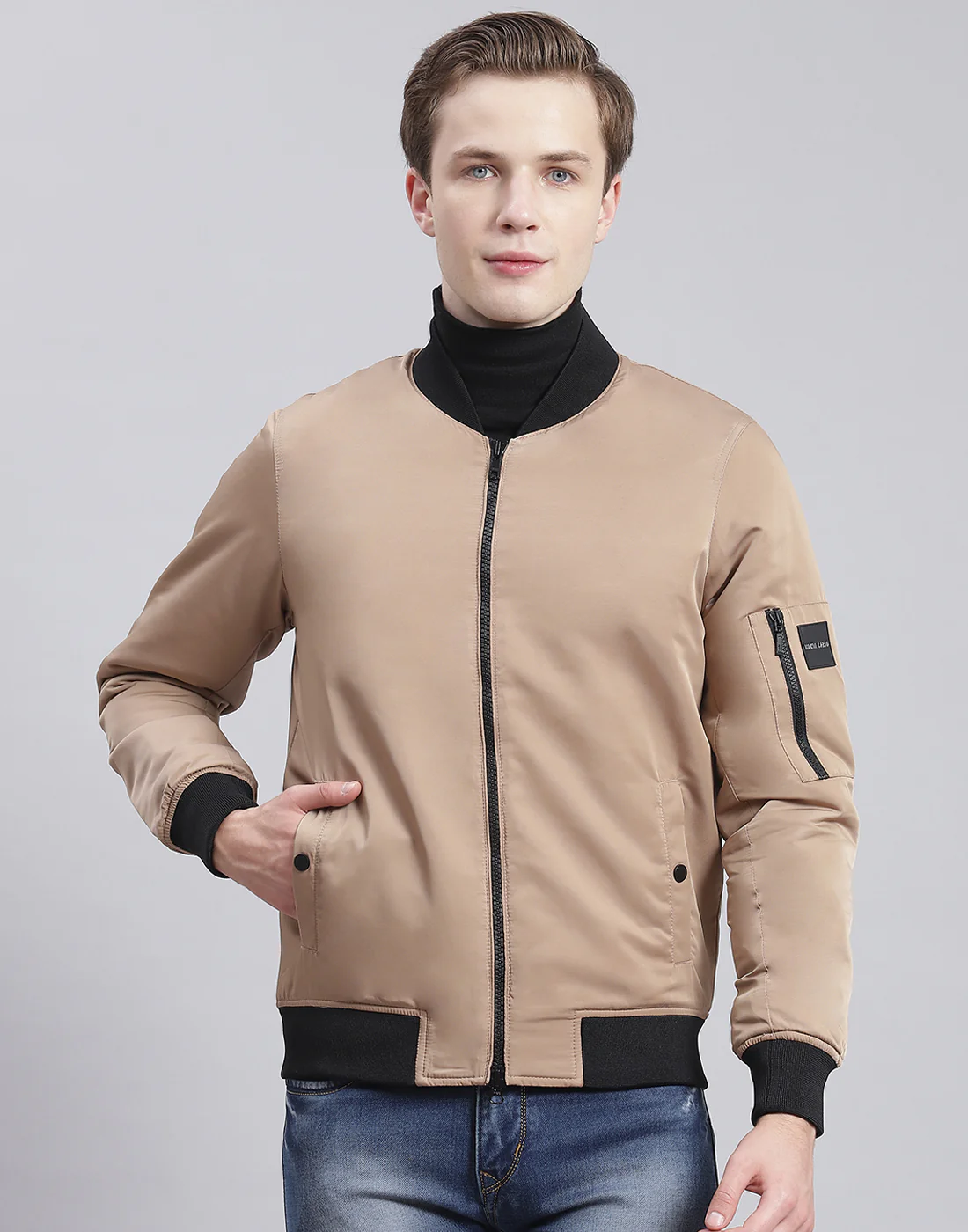 Men Beige Solid Stand Collar Full Sleeve Jacket - Image 2