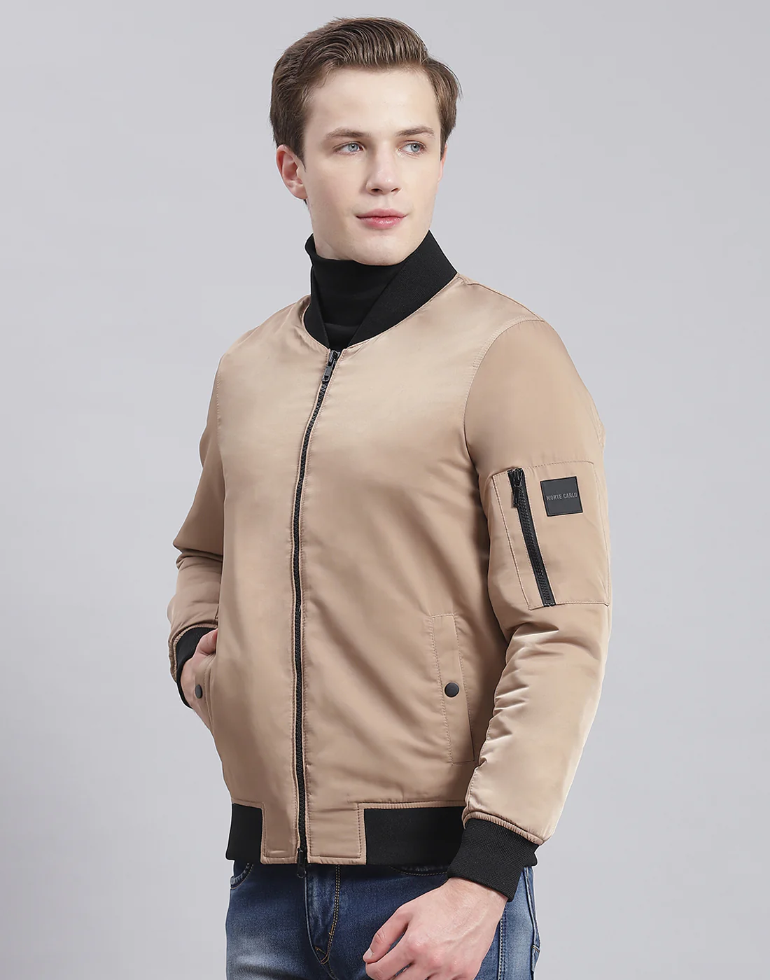 Men Beige Solid Stand Collar Full Sleeve Jacket - Image 3