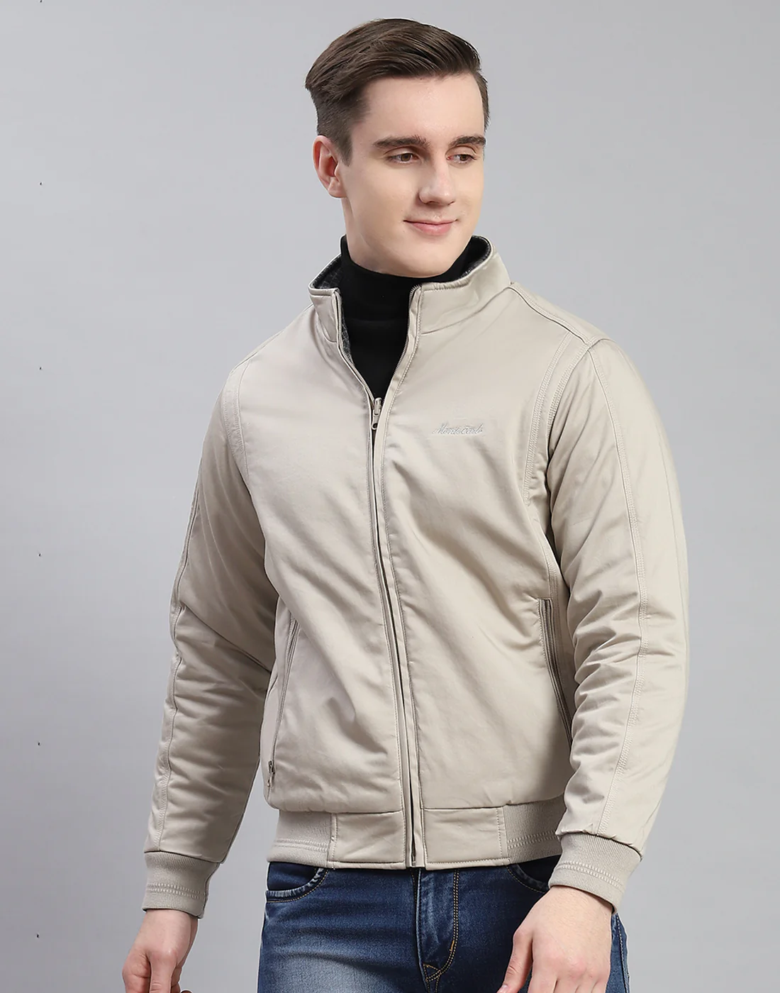 Men Beige Solid Stand Collar Full Sleeve Jacket - Image 2