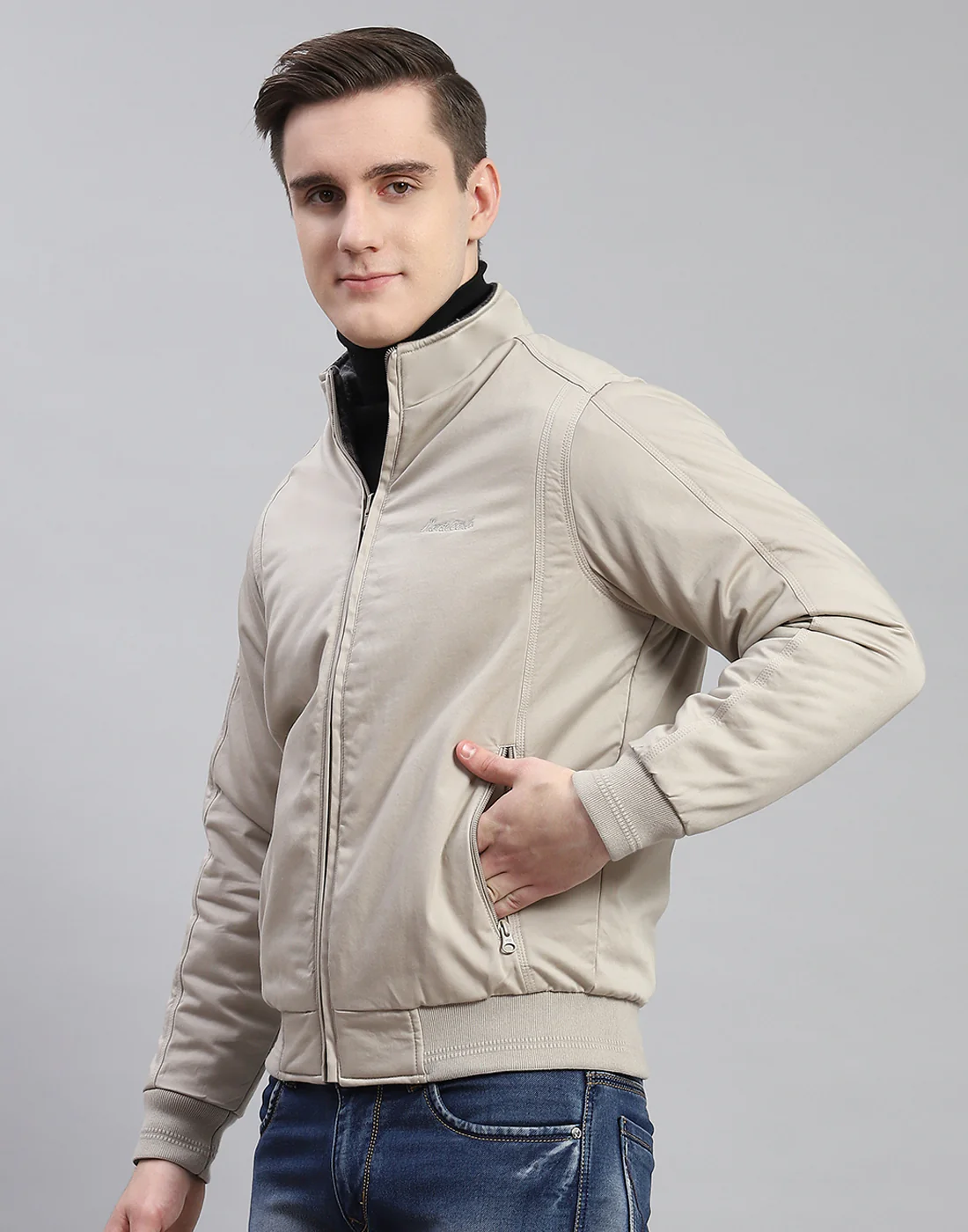 Men Beige Solid Stand Collar Full Sleeve Jacket - Image 3