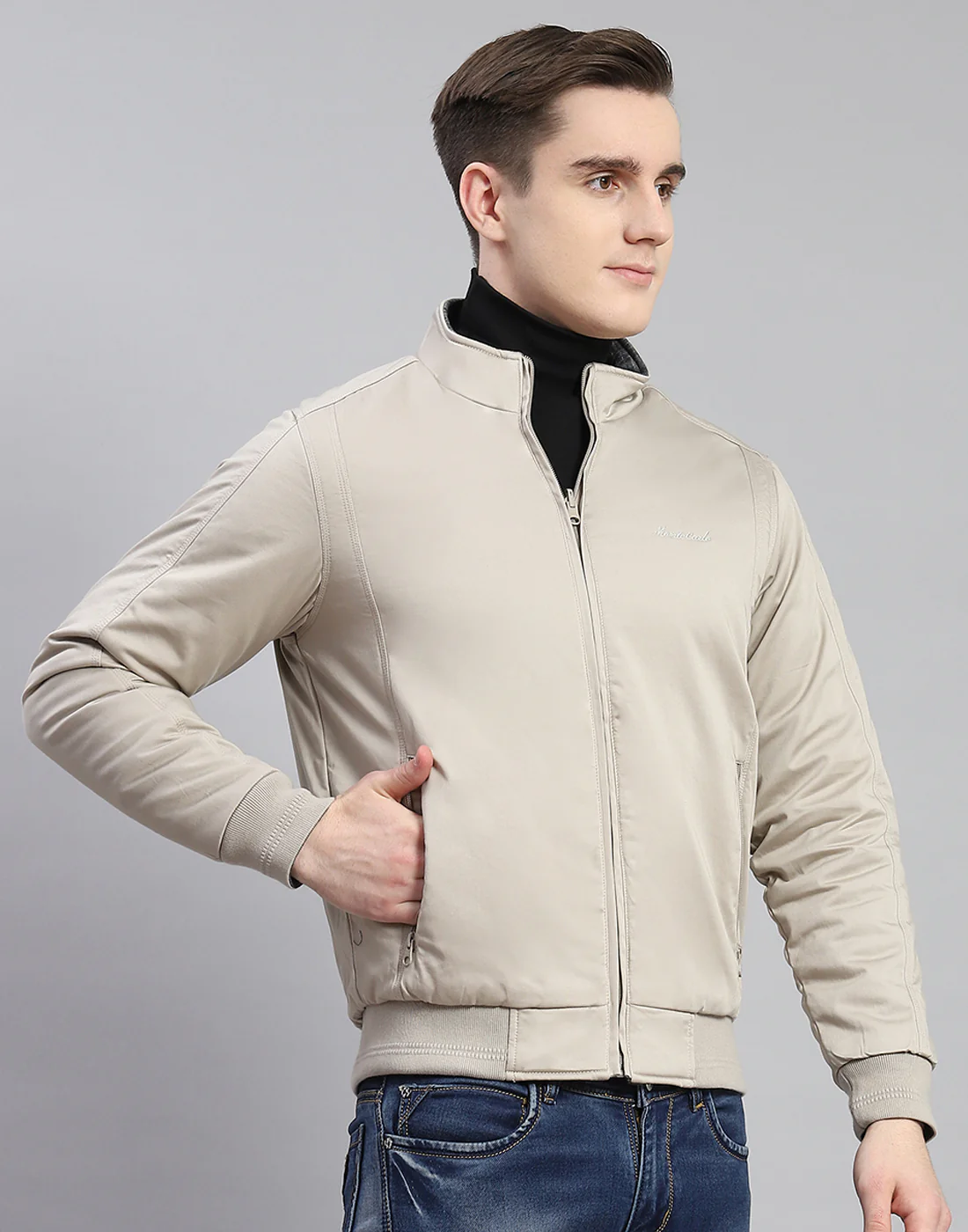 Men Beige Solid Stand Collar Full Sleeve Jacket - Image 4