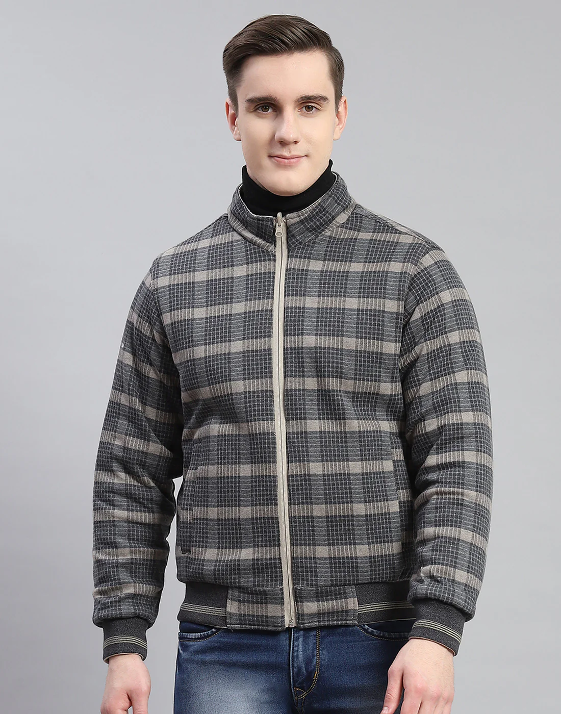Men Beige Solid Stand Collar Full Sleeve Jacket - Image 7