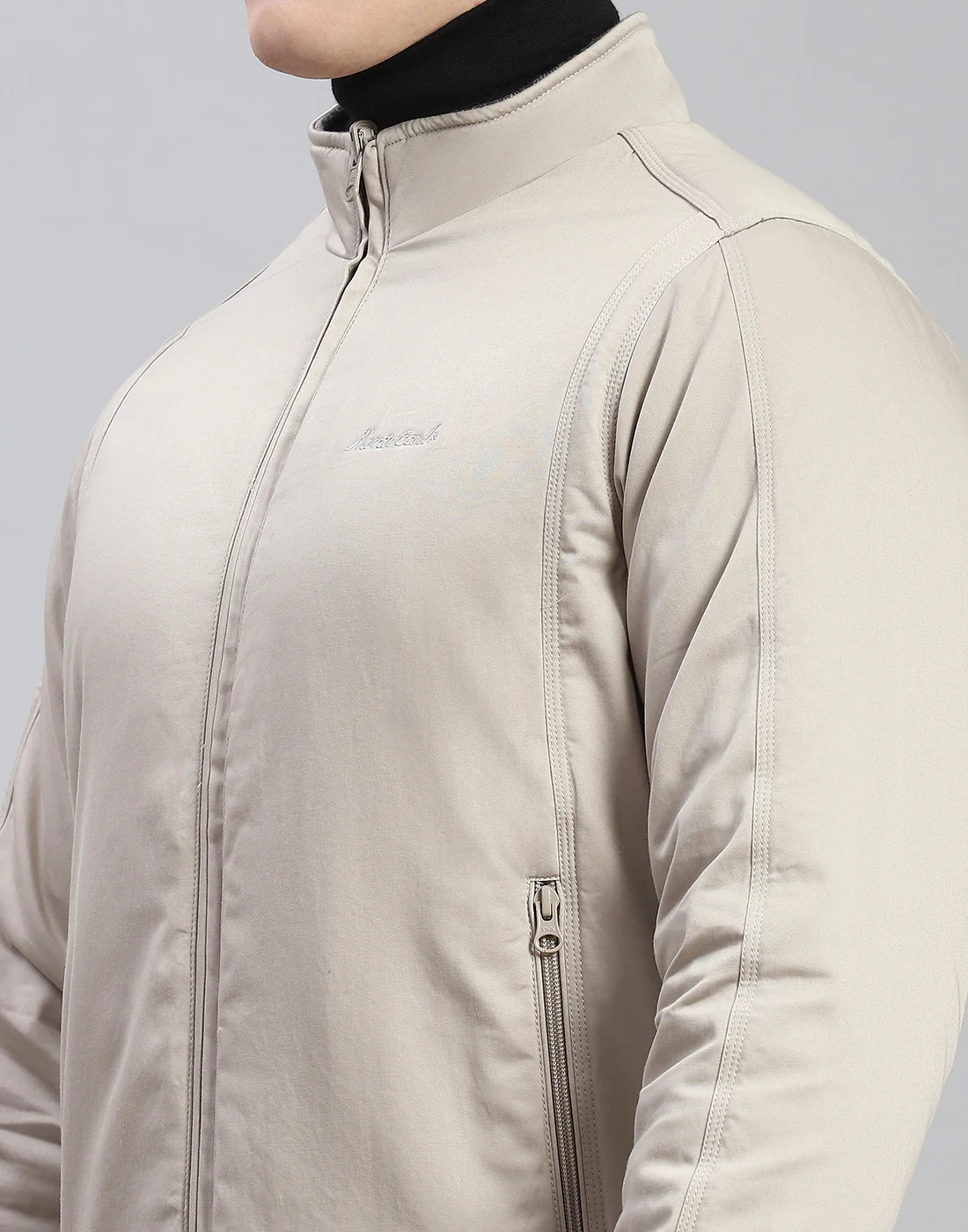 Men Beige Solid Stand Collar Full Sleeve Jacket - Image 9