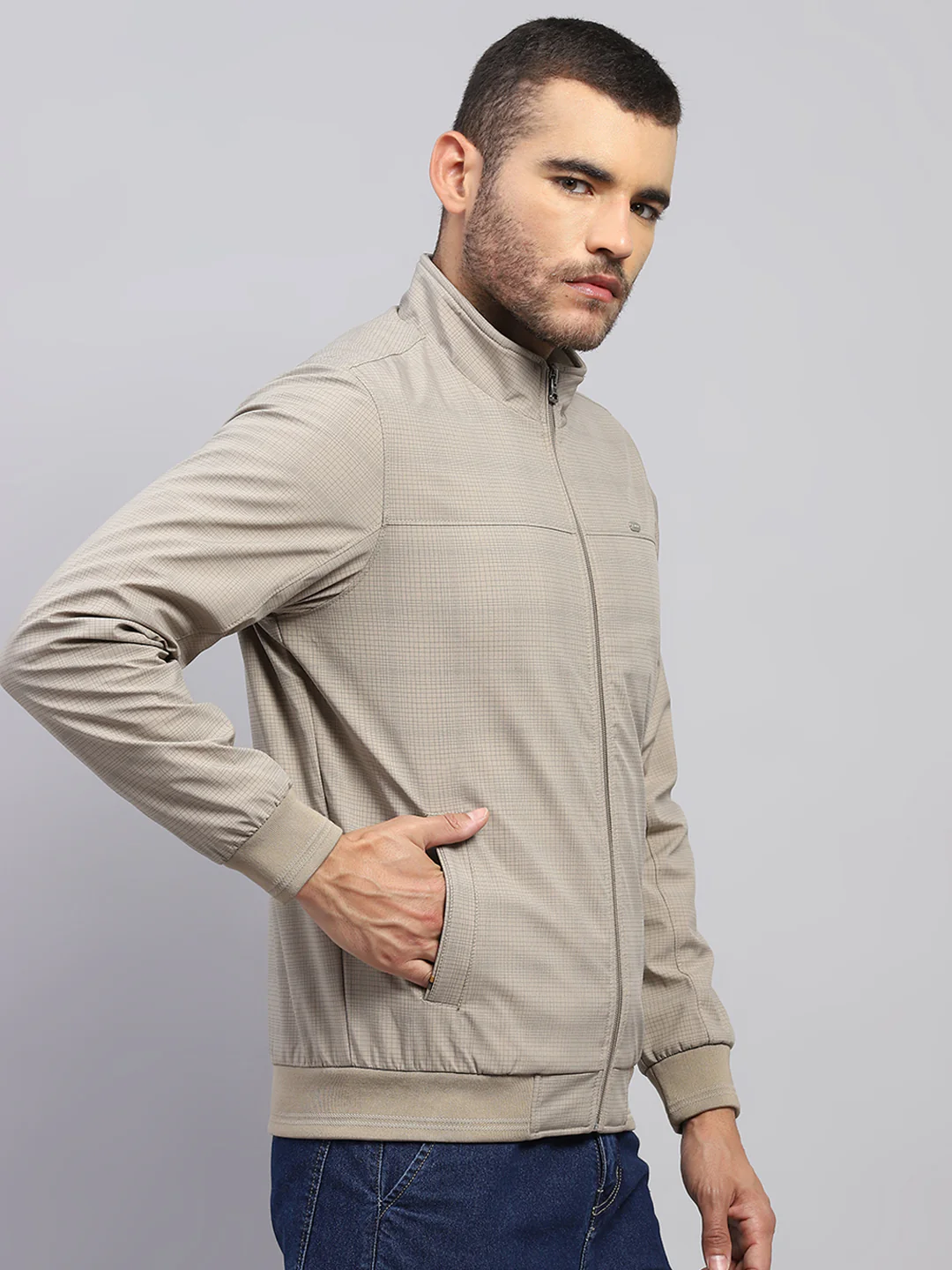 Men Beige Solid Stand Collar Full Sleeve Jacket - Image 4