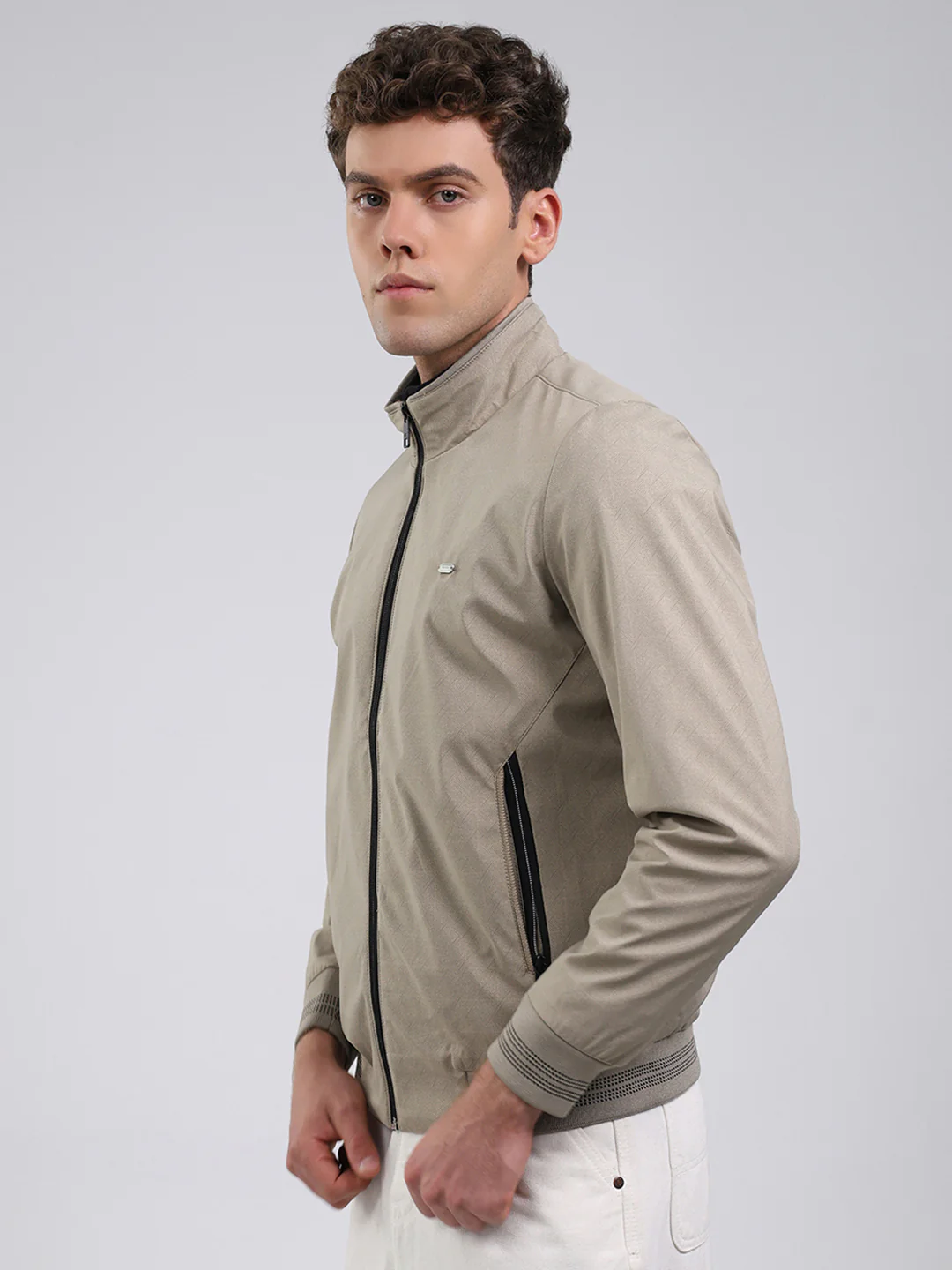 Men Beige Solid Stand Collar Full Sleeve Jacket - Image 3