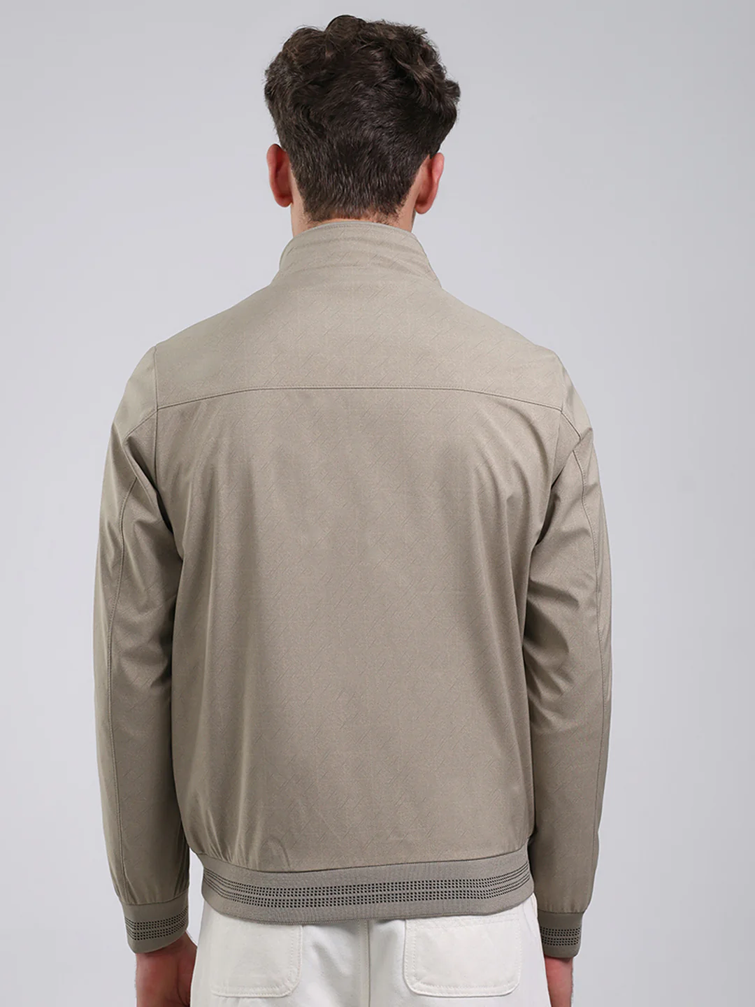 Men Beige Solid Stand Collar Full Sleeve Jacket - Image 5