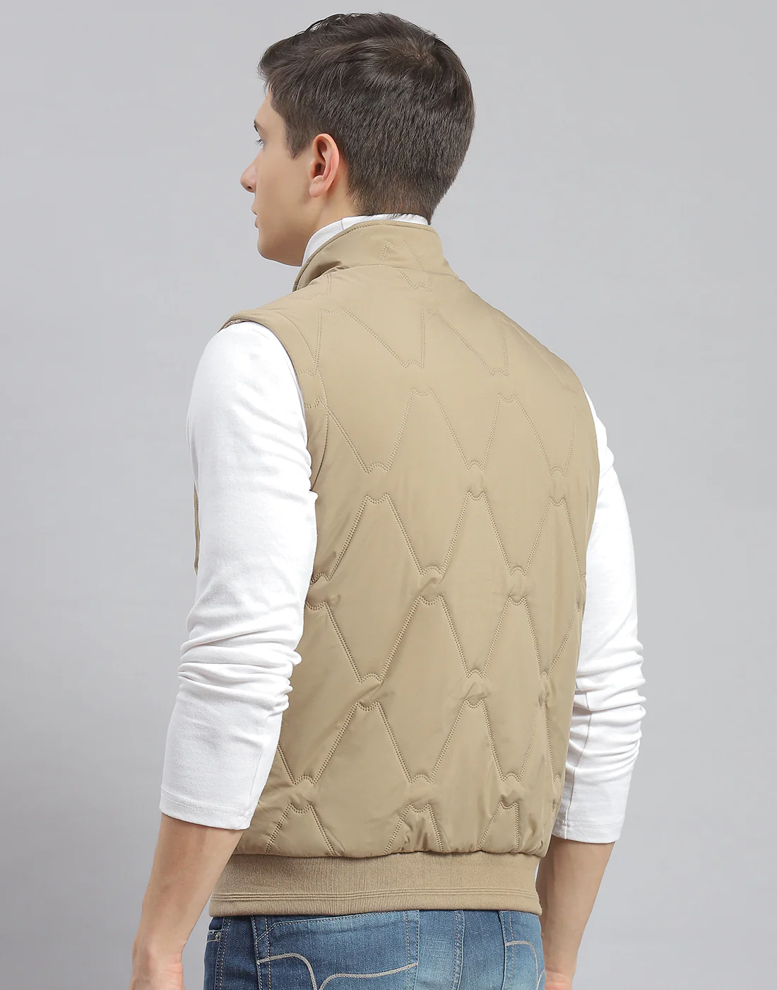 Men Beige Solid Stand Collar Sleeveless Jacket - Image 5
